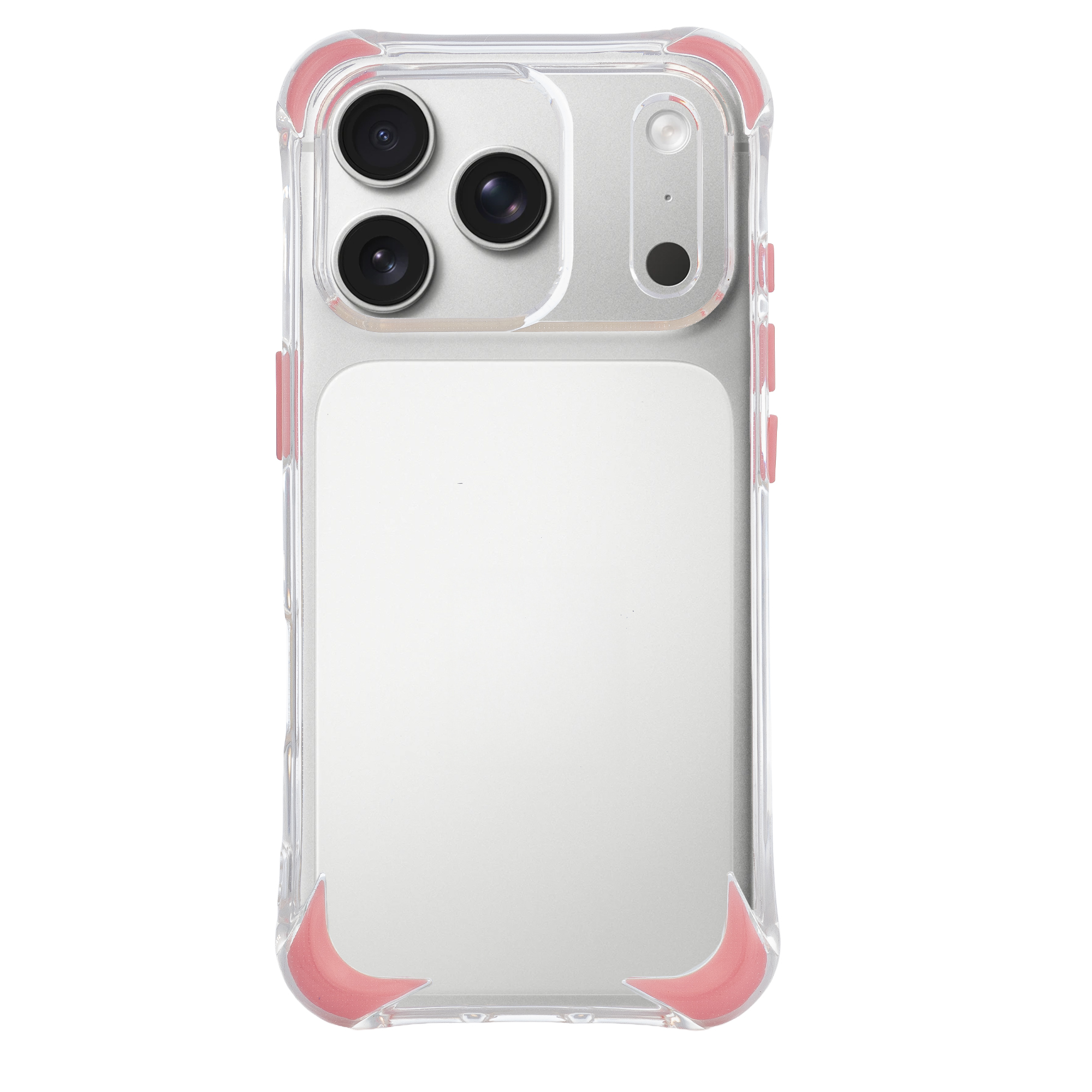 Custodia trasparente con angoli rosa per smartphone con tre obiettivi.