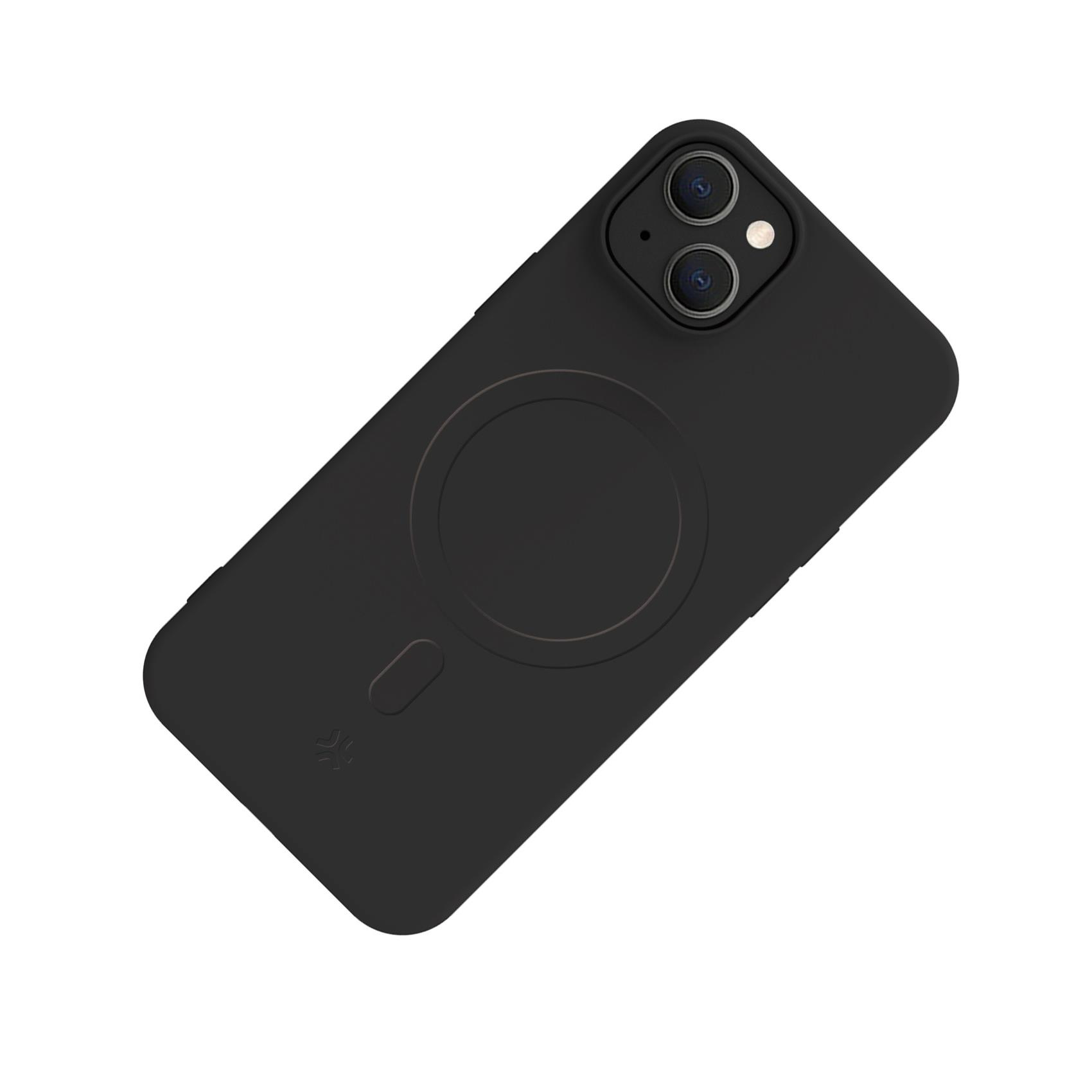 Funda negra para teléfono con círculo MagSafe y cámaras. Minimalista.