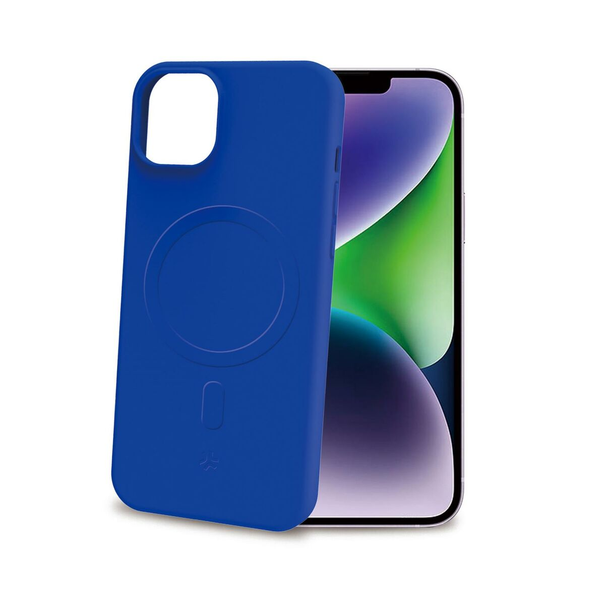 Custodia blu per telefono con anello magnetico davanti a un iPhone con sfondo colorato.