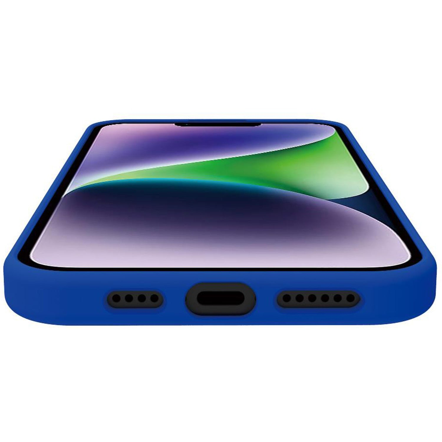 Uno smartphone blu con schermo colorato, appoggiato su un lato.