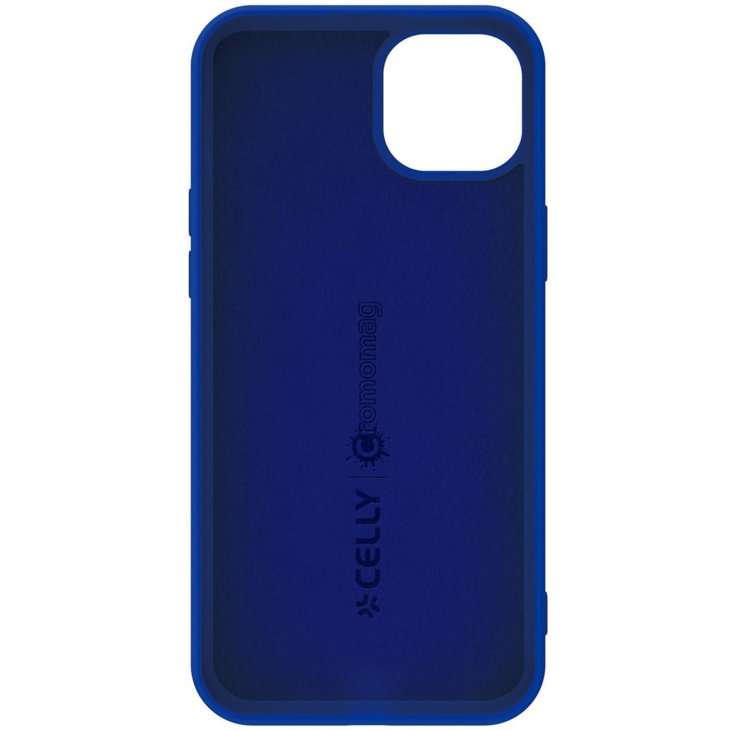 Custodia blu scuro per telefono con ritaglio fotocamera e logo sul retro.
