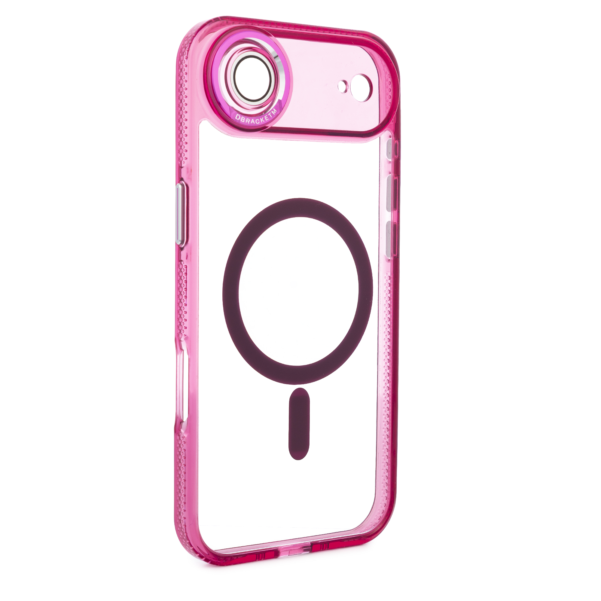 Custodia rosa trasparente per telefono con cerchio e tratto magenta.
