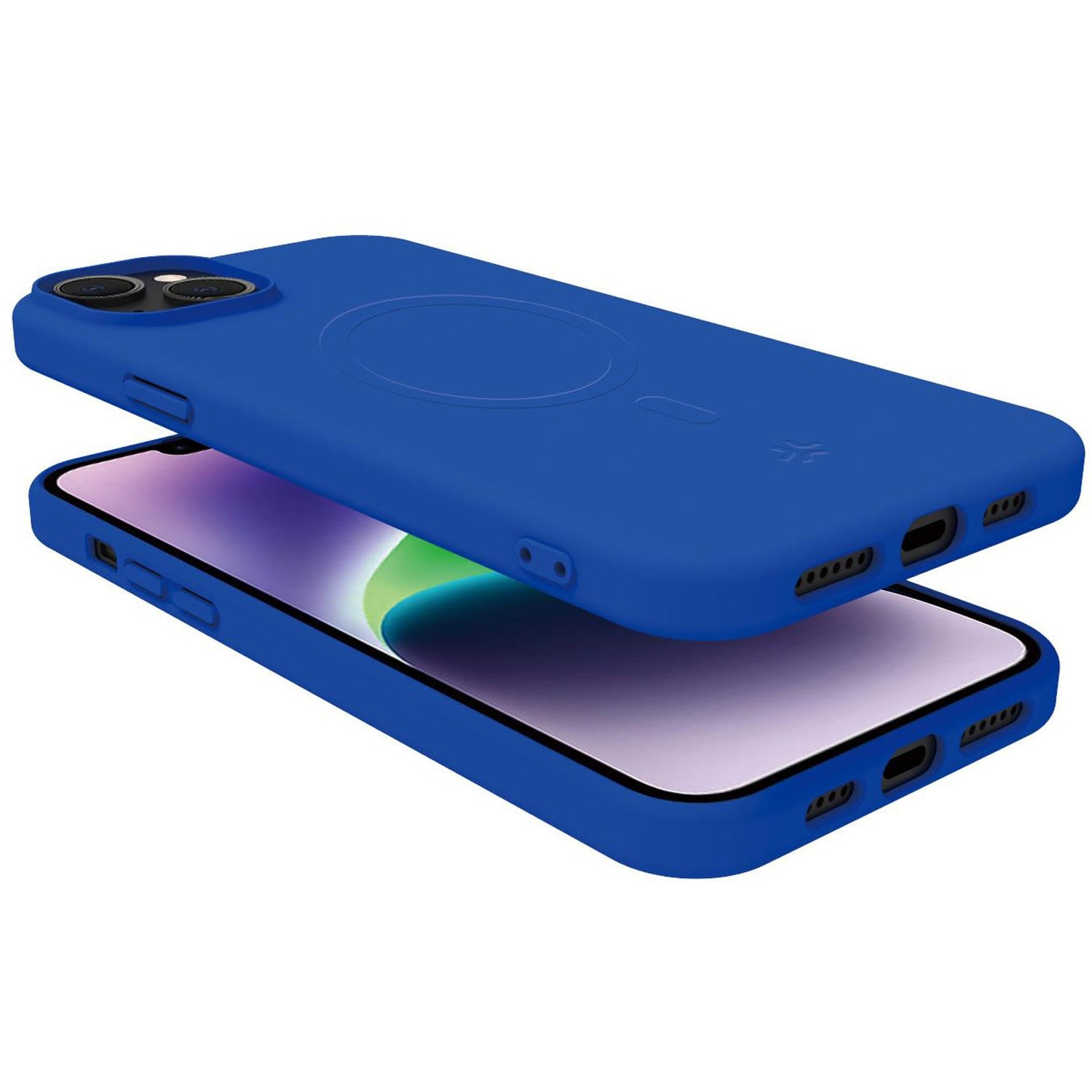 Una custodia blu per telefono è posizionata sopra un telefono. Sfondo bianco.