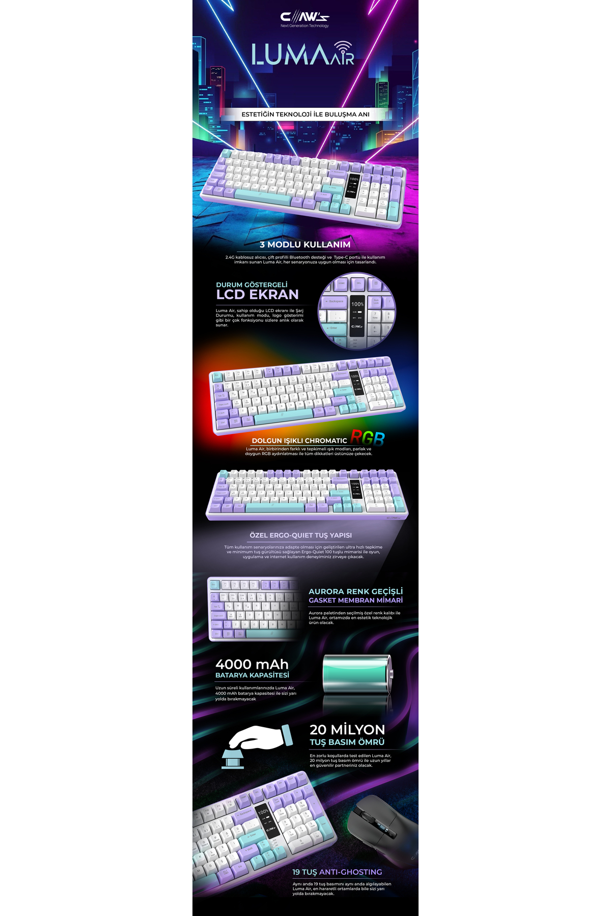 Koyu arka plan üzerinde RGB aydınlatmalı, LCD ekranlı klavye ve fare.
