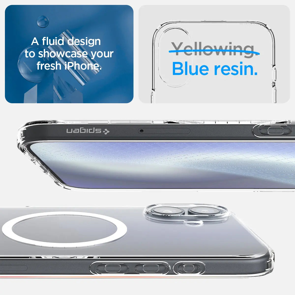 Custodia trasparente per iPhone con dettagli in resina blu, design fluido.