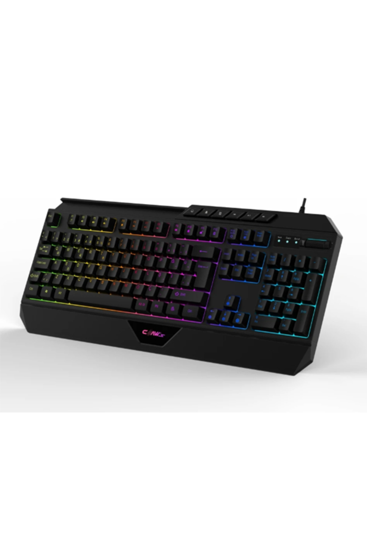 RGB aydınlatmalı siyah klavye, beyaz zeminde.