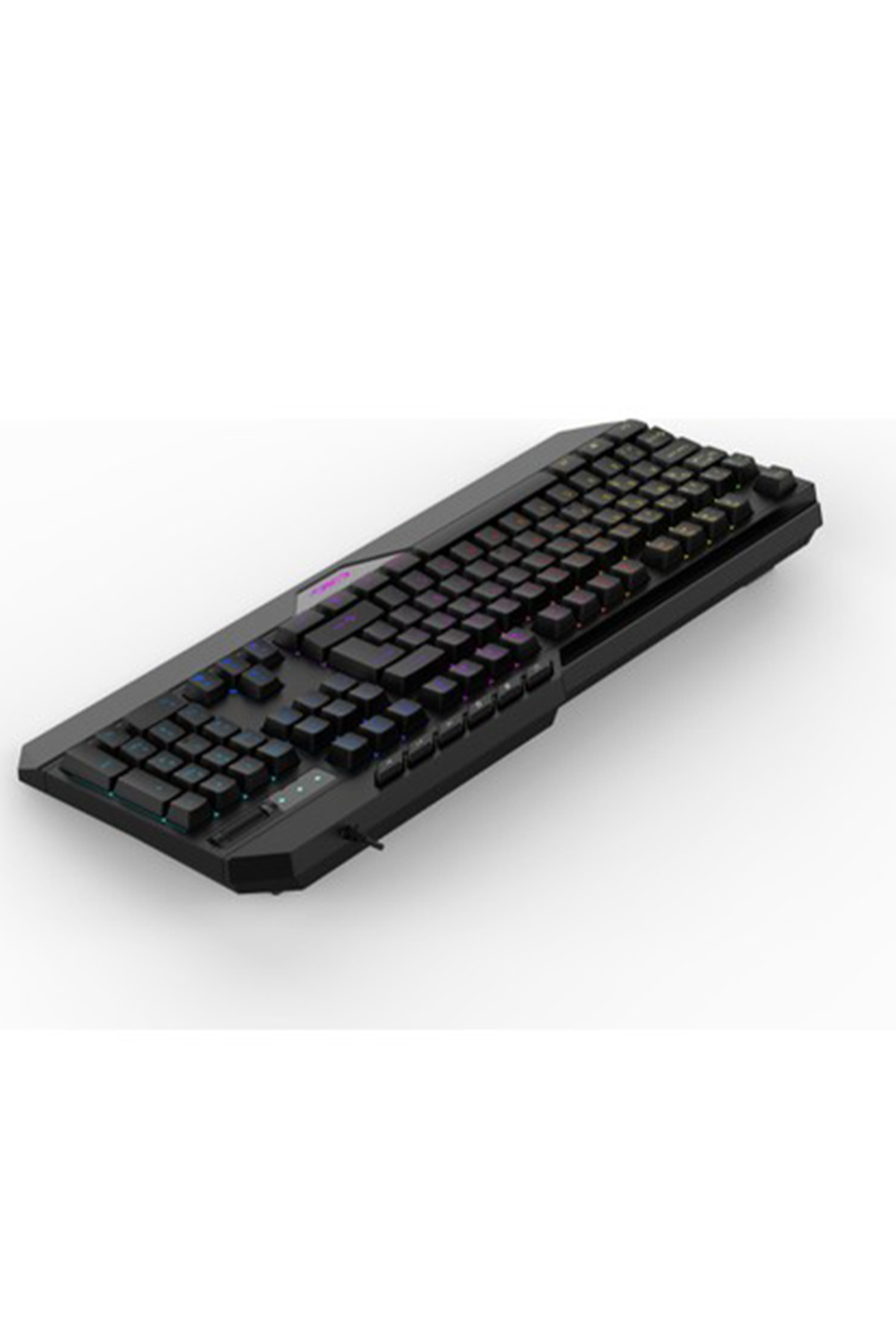 Renkli RGB tuş aydınlatmalı siyah klavye, beyaz arka plan üzerinde.
