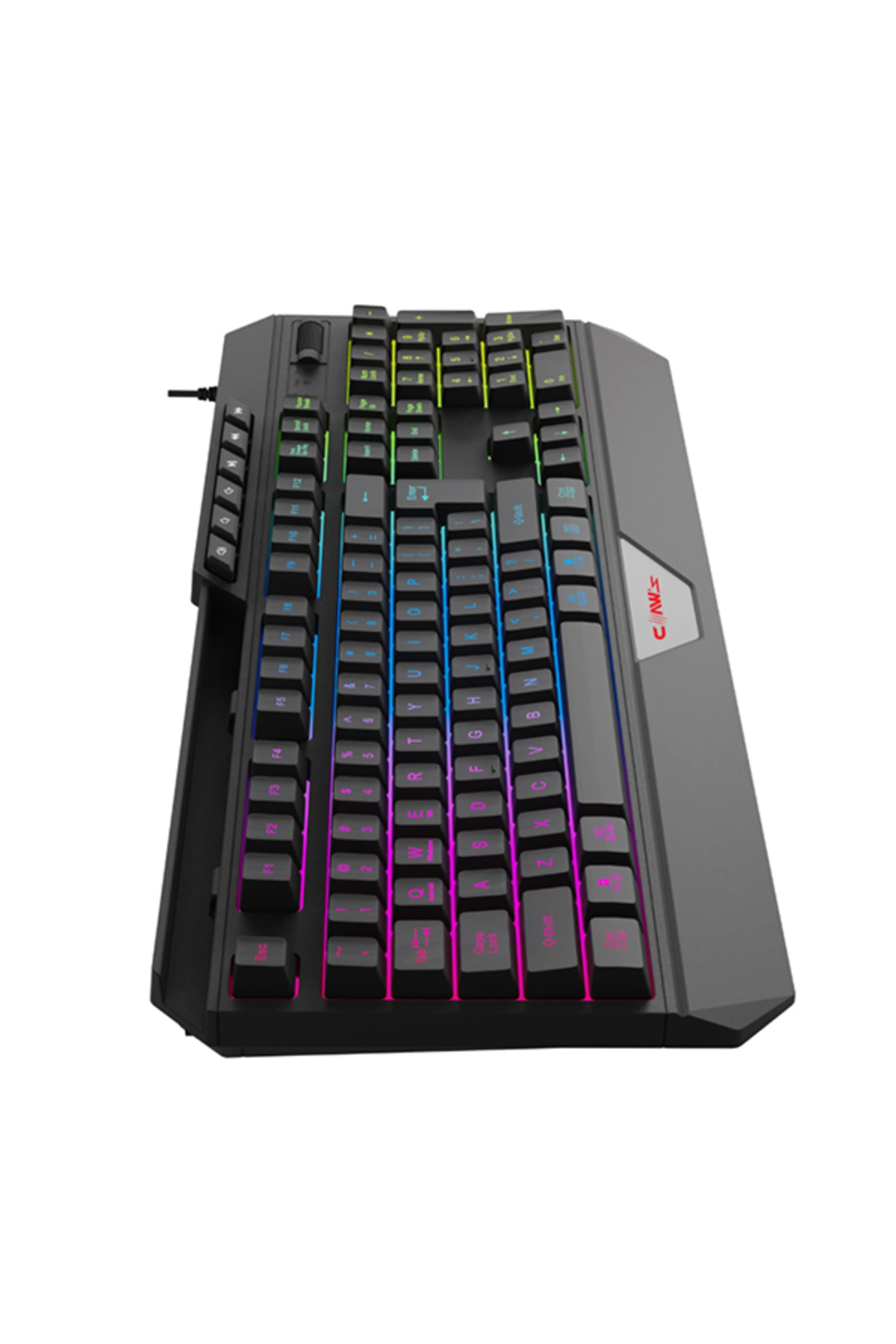 Tuşlarında renkli RGB aydınlatmaya sahip siyah bir klavye.