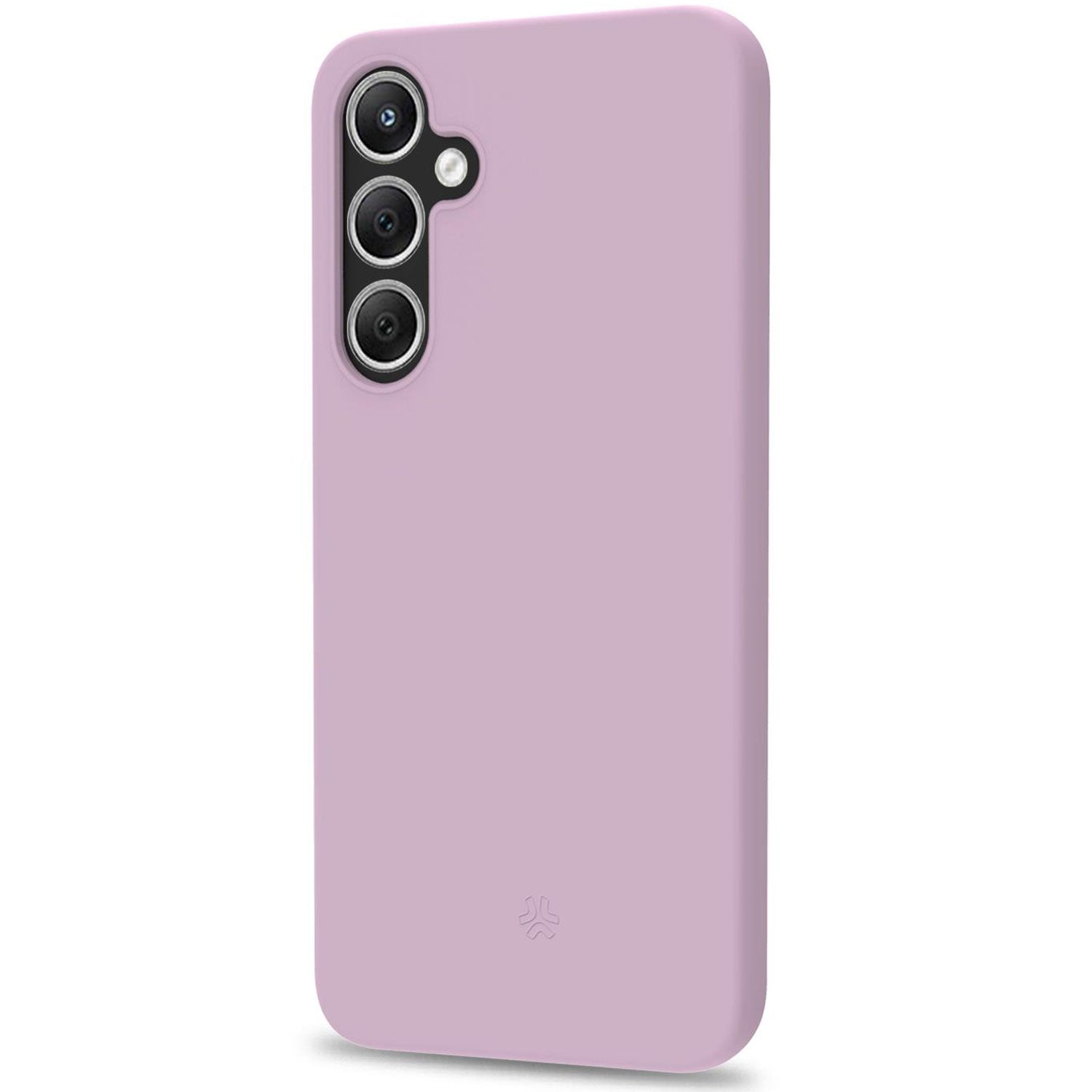 Una custodia viola chiaro per telefono con tre fotocamere e un logo.