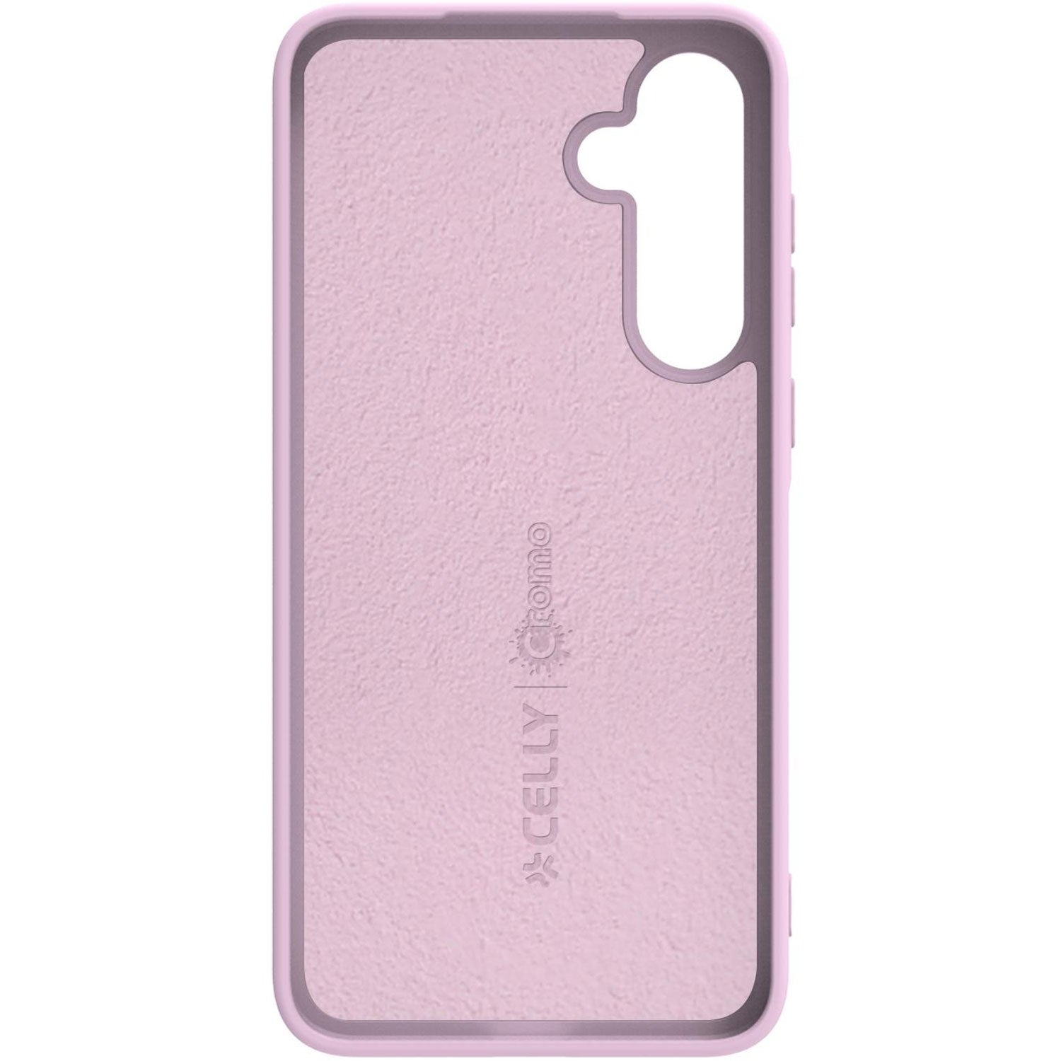 Una cover rosa chiaro per telefono con ritaglio per fotocamera. Visibile il marchio CELLY.