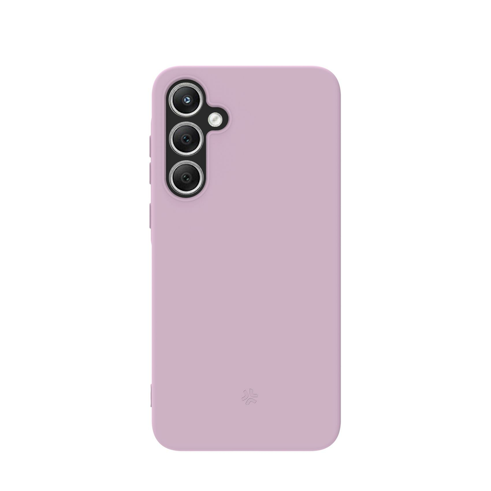 Una custodia viola per telefono con tre obiettivi della fotocamera sul retro.