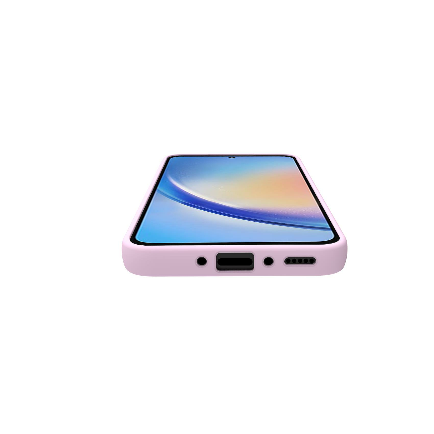 Una custodia rosa per telefono con porta di ricarica e fori per altoparlanti.