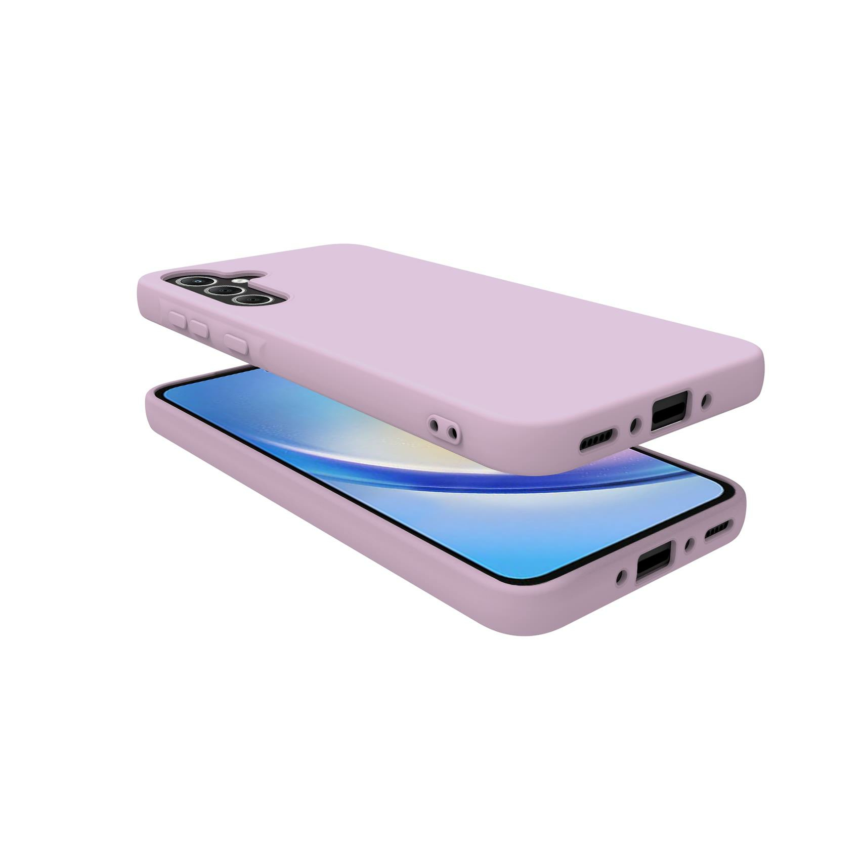 Una cover viola chiaro giace su uno smartphone con schermo blu.