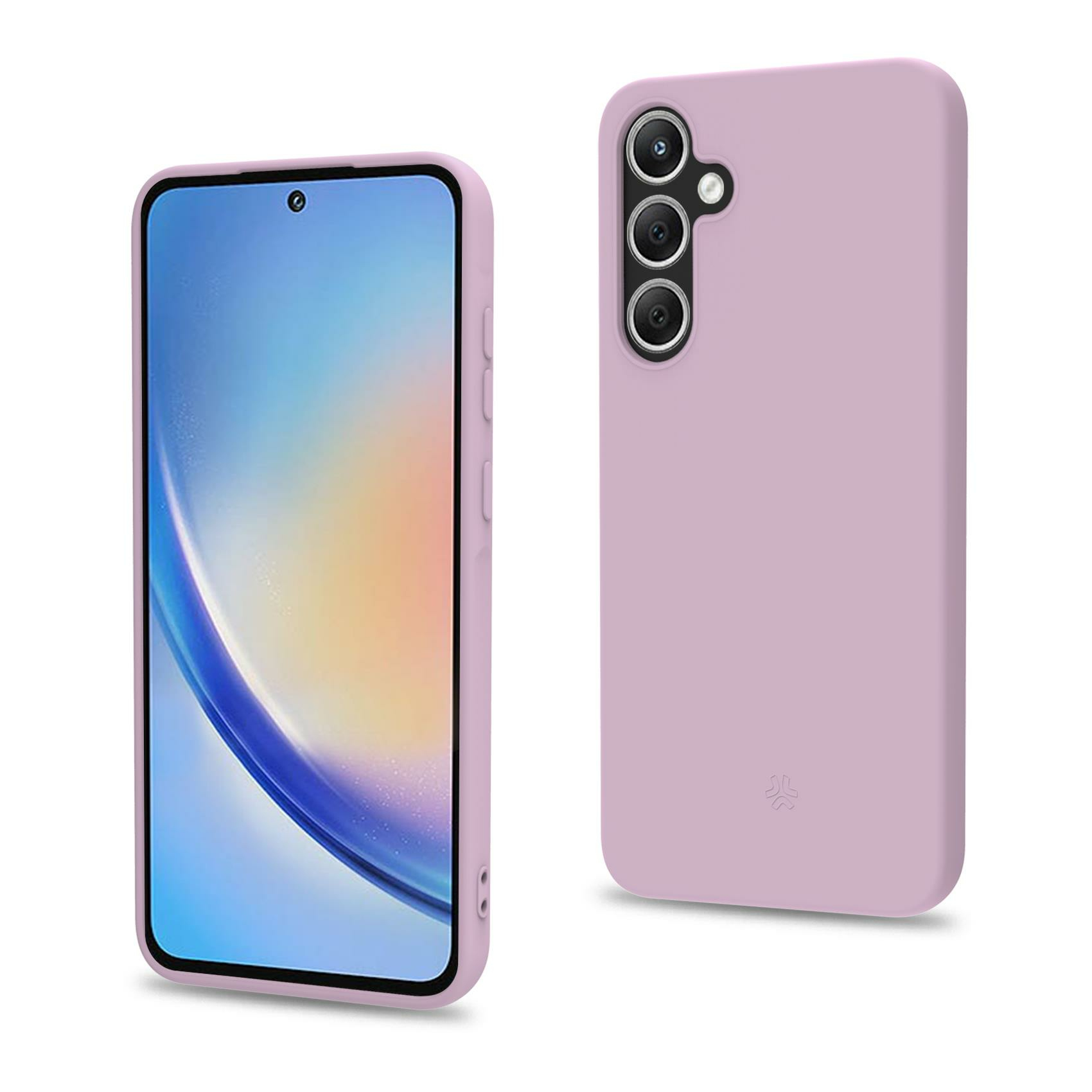 Una cover viola per telefono mostrata fronte e retro, con fotocamere.