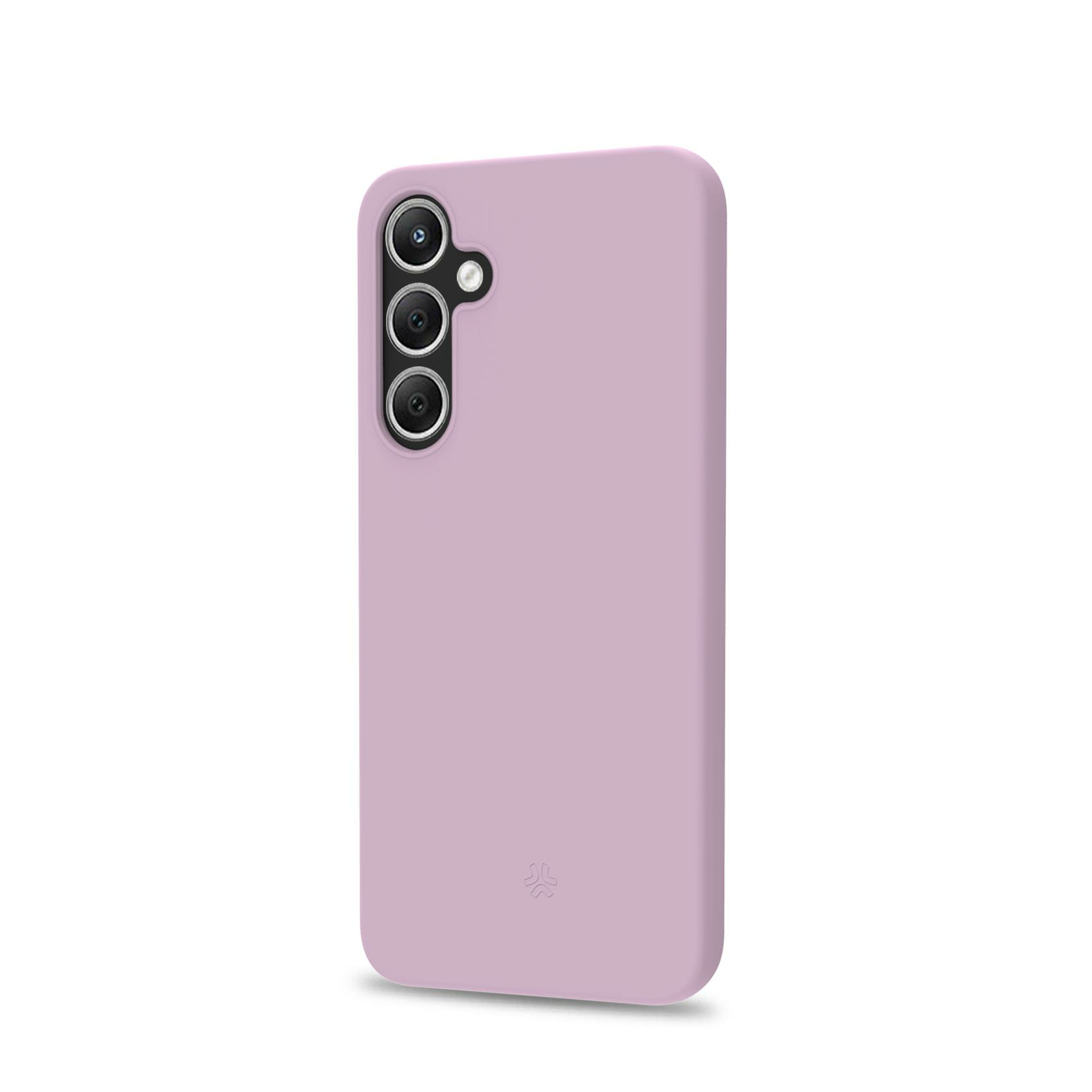 Custodia viola lavanda per telefono con tre lenti e logo discreto.