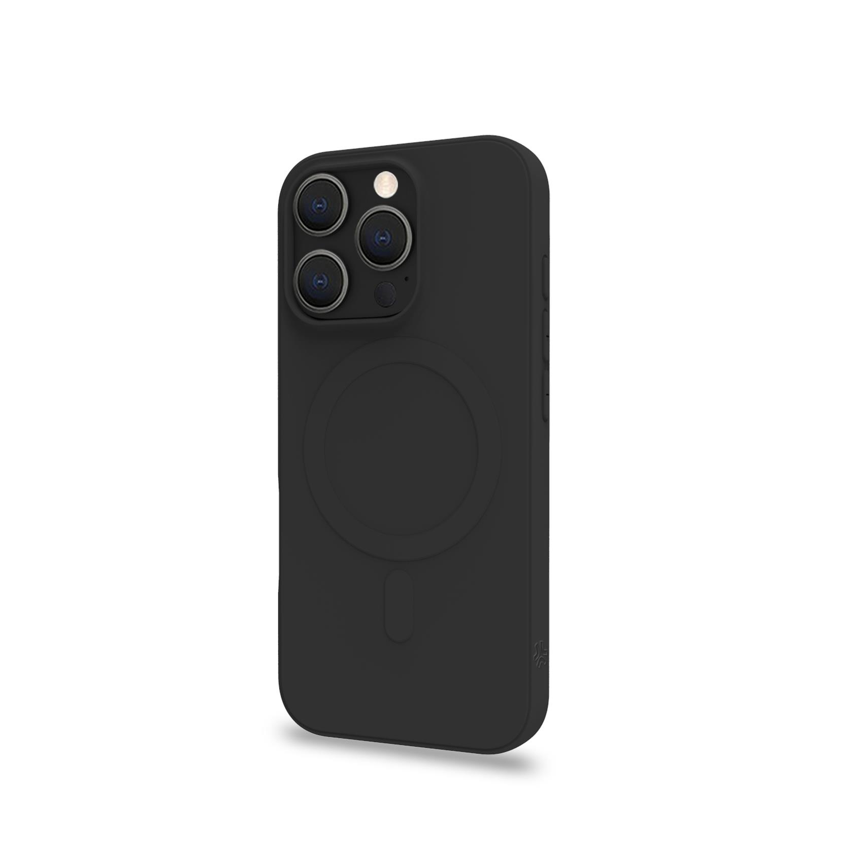 Funda negra para teléfono con recorte de cámara y anillo magnético.