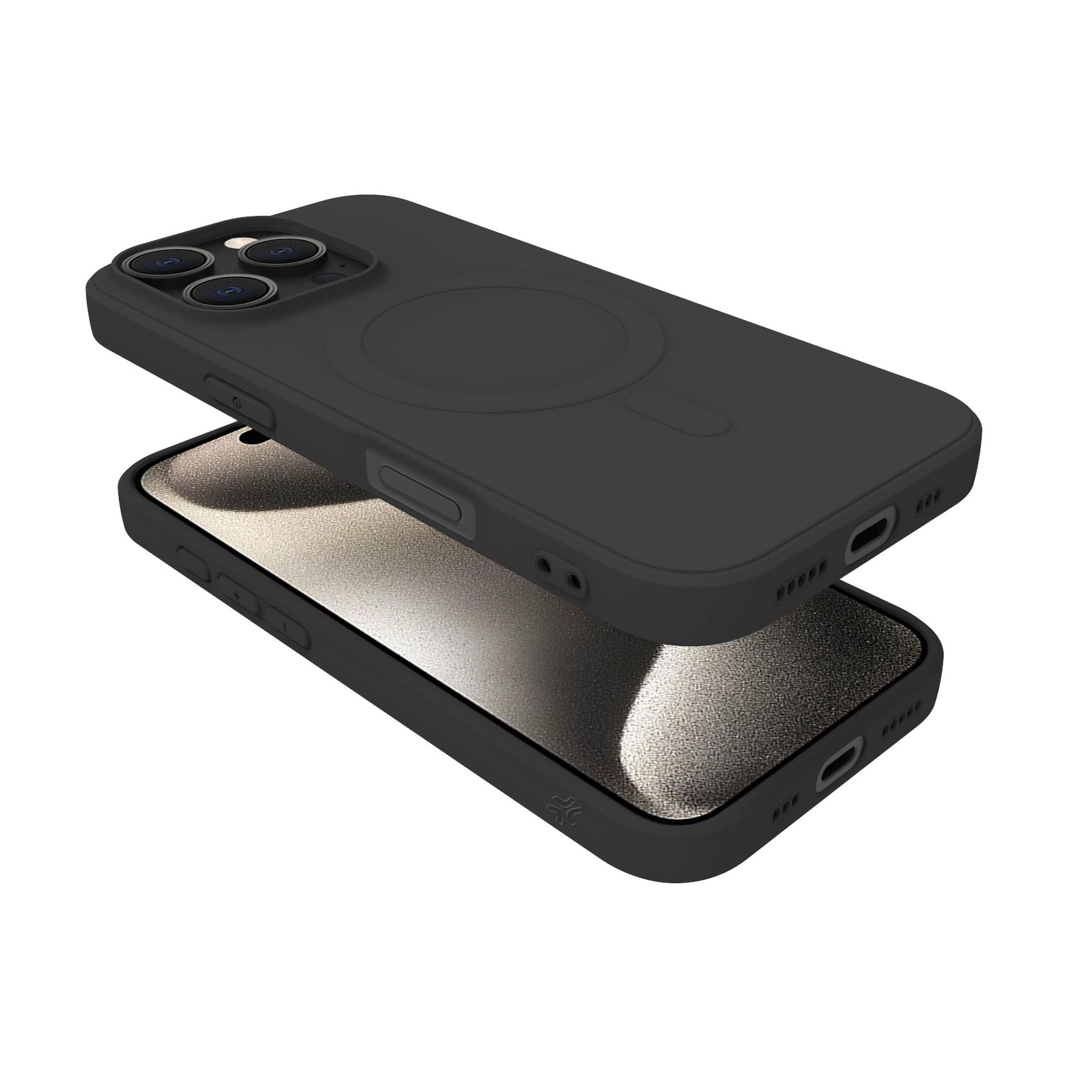 Funda negra para teléfono con anillo MagSafe, sobre un teléfono con pantalla gris.