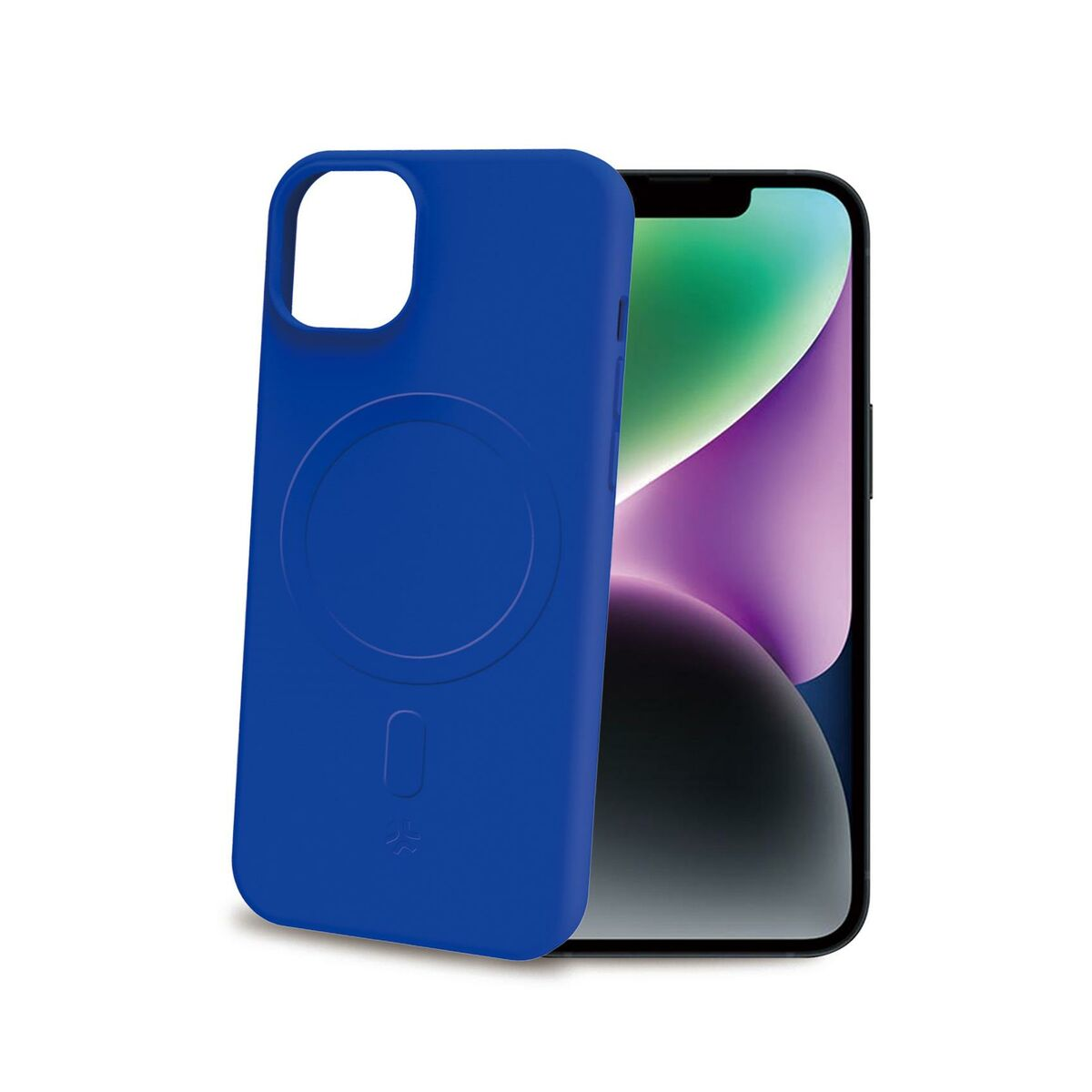 Una custodia blu per iPhone accanto a uno smartphone con sfondo viola e verde.