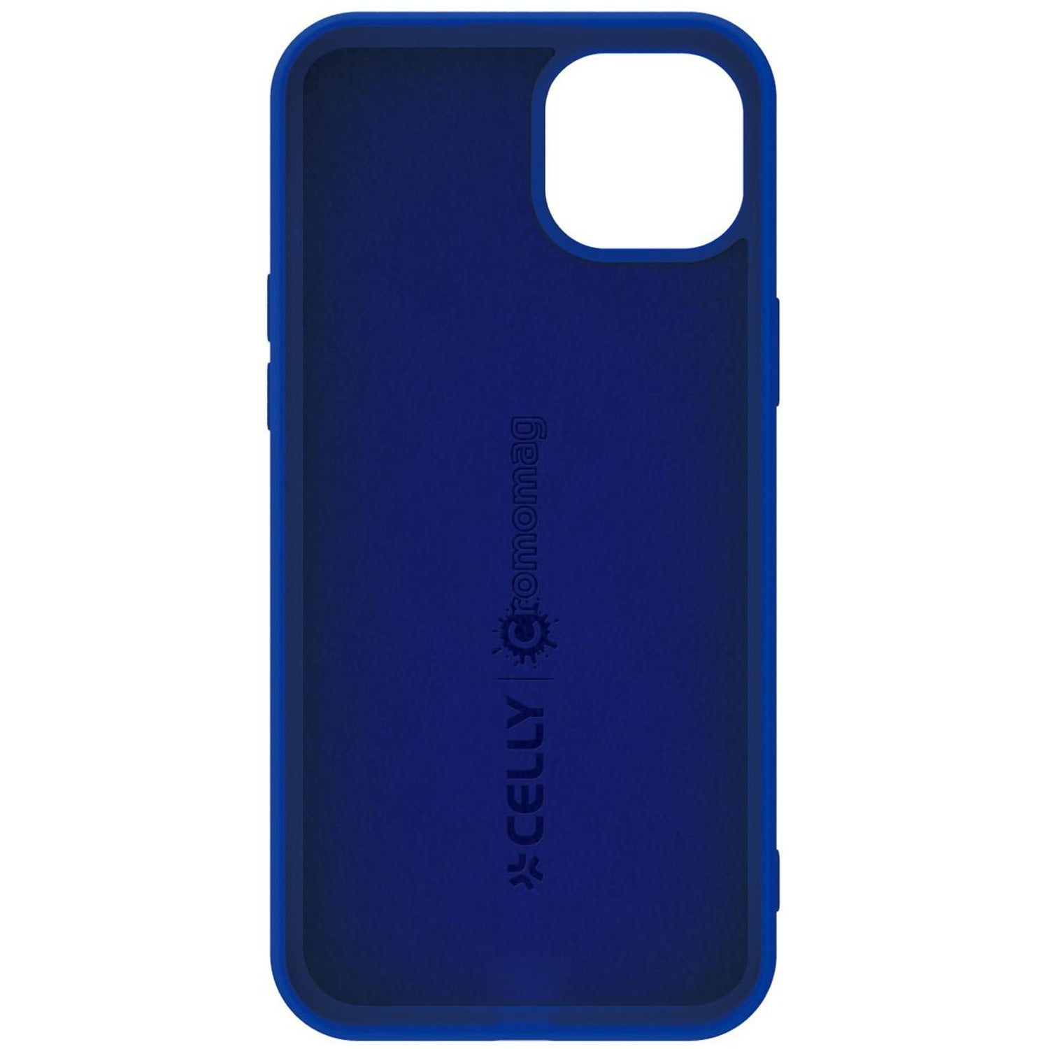 Una custodia blu scuro per telefono con ritagli per fotocamera e altoparlante.