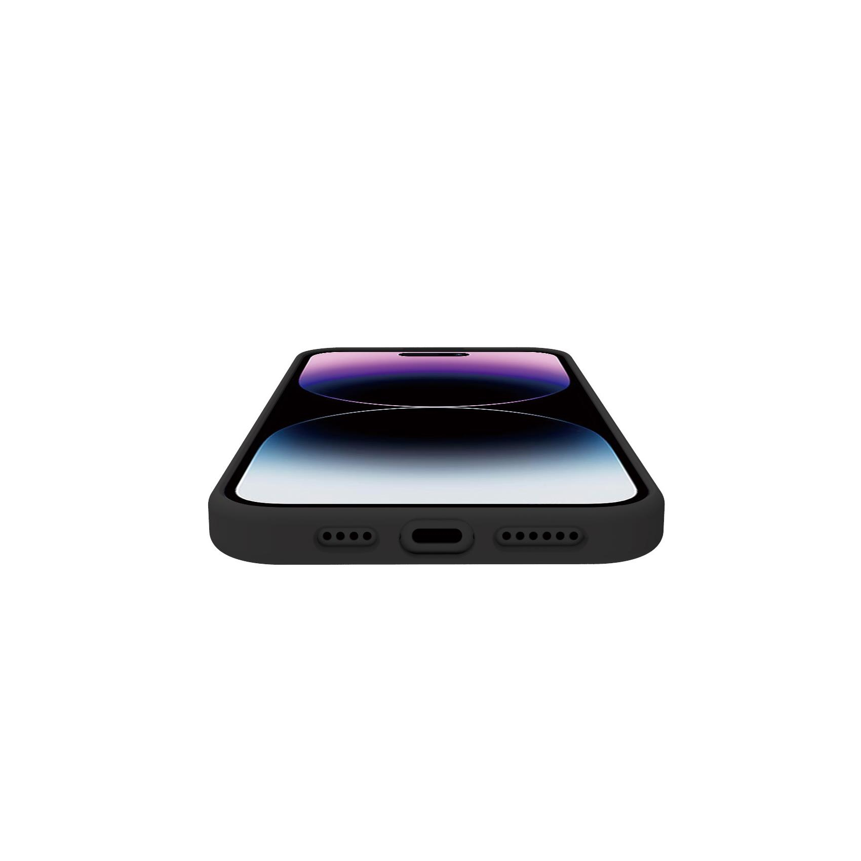 Smartphone nero con schermo scuro e porta di ricarica in basso.