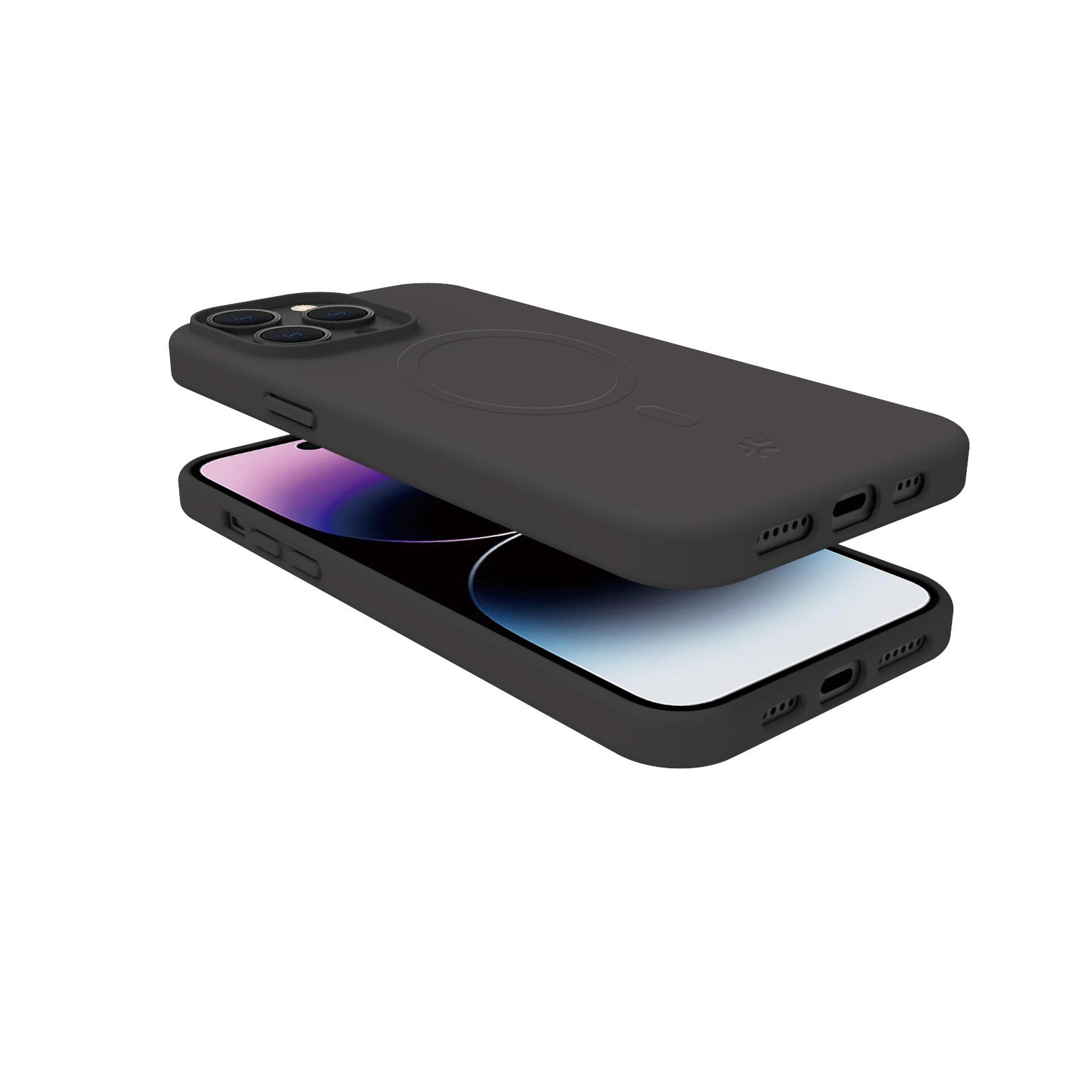 Una custodia nera per iPhone poggia su un iPhone con schermo viola.