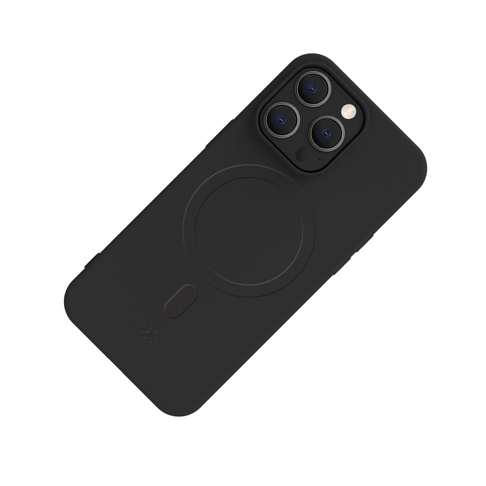 Custodia nera per telefono con tripla fotocamera e anello magnetico.