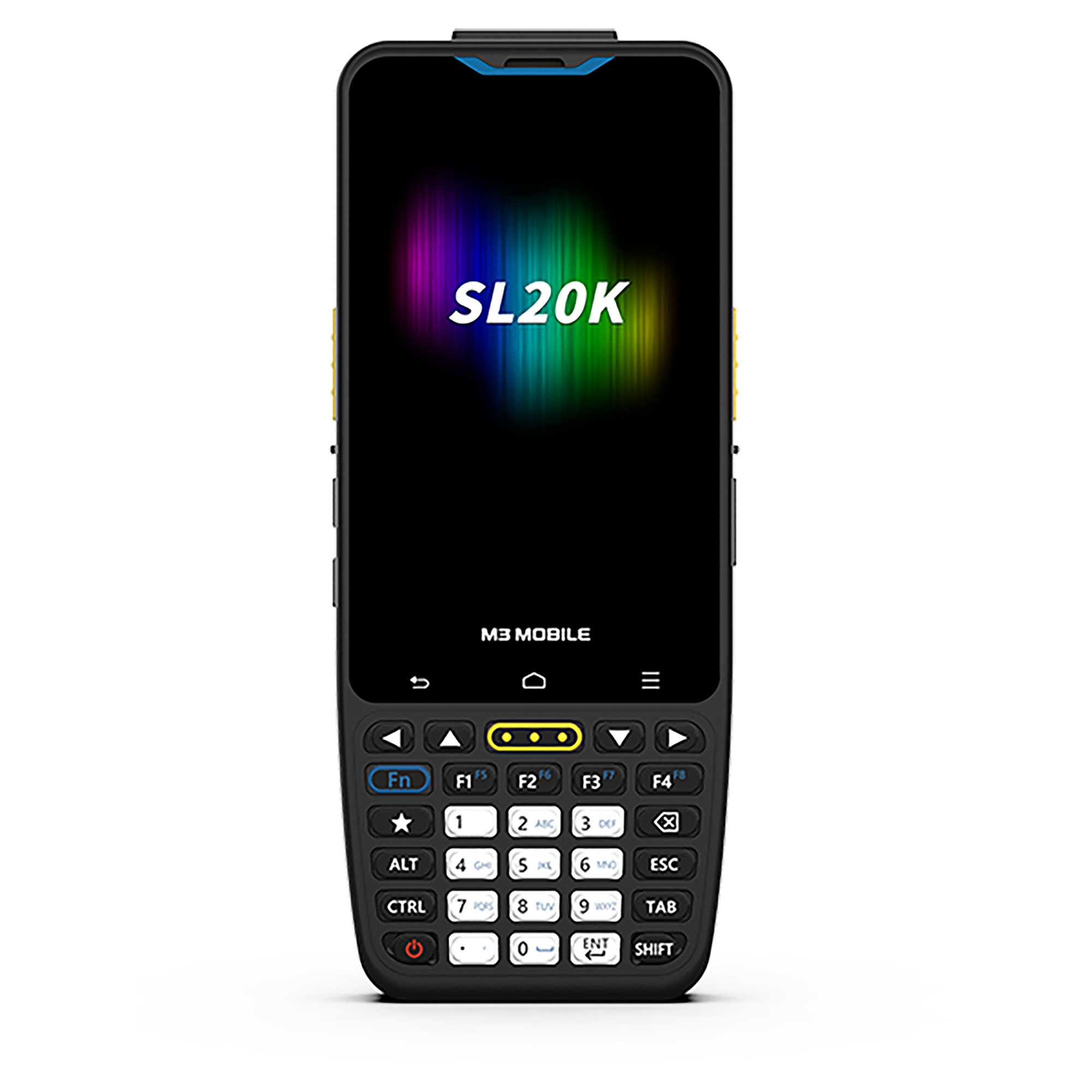 Klavye ve ekrana sahip siyah bir M3 MOBILE SL20K cihazı.