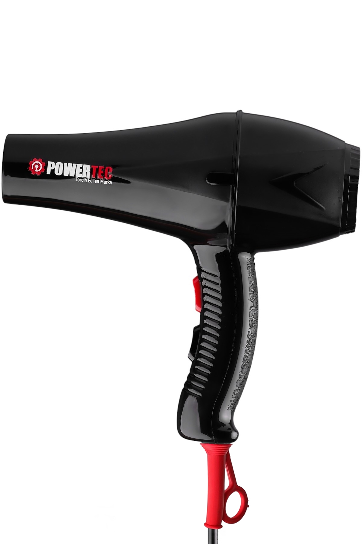 Kırmızı düğmeli ve asma halkalı siyah saç kurutma makinesi, PowerTec marka.