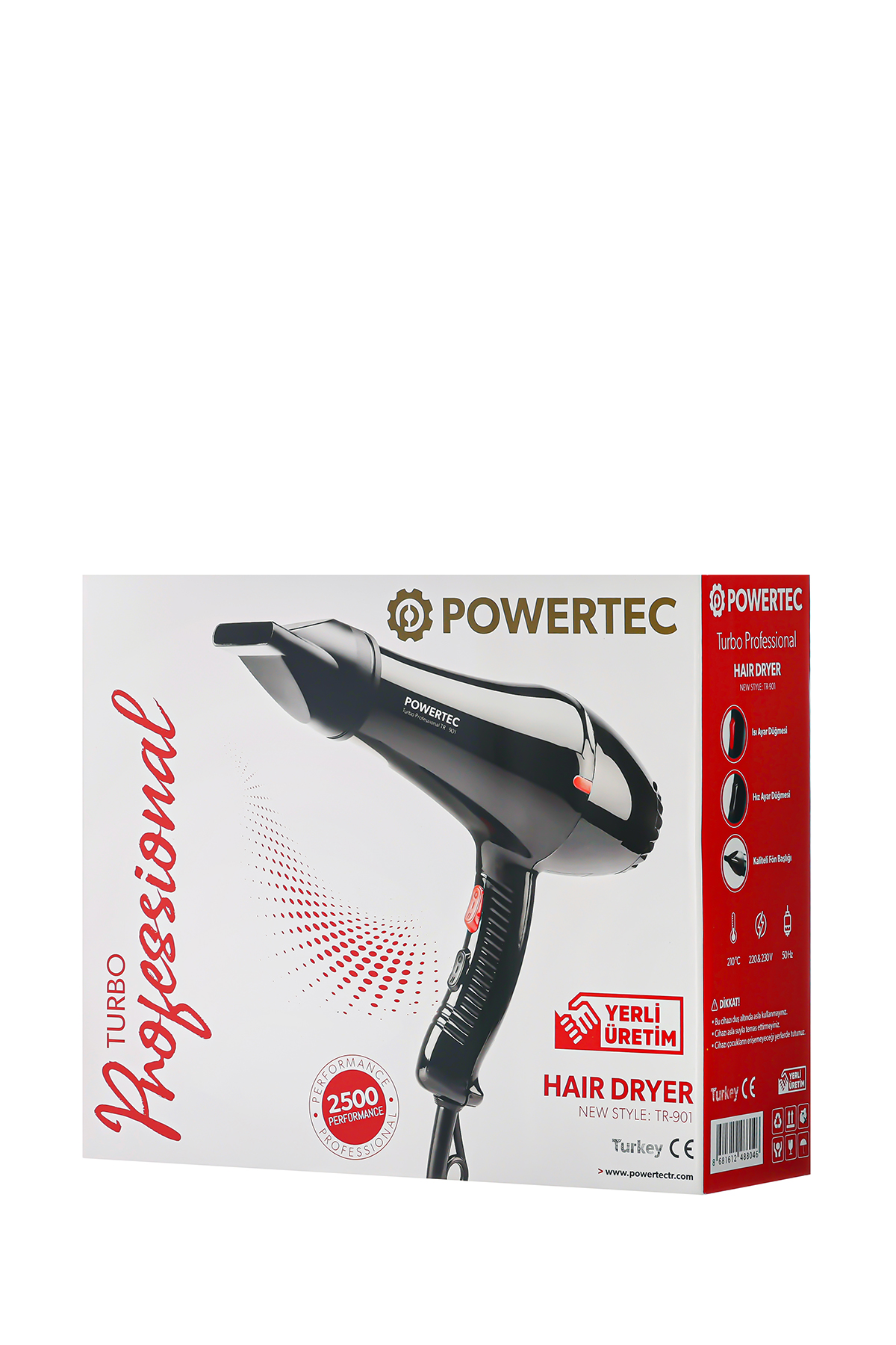 Beyaz kutuda kırmızı detaylı siyah Powertec saç kurutma makinesi.