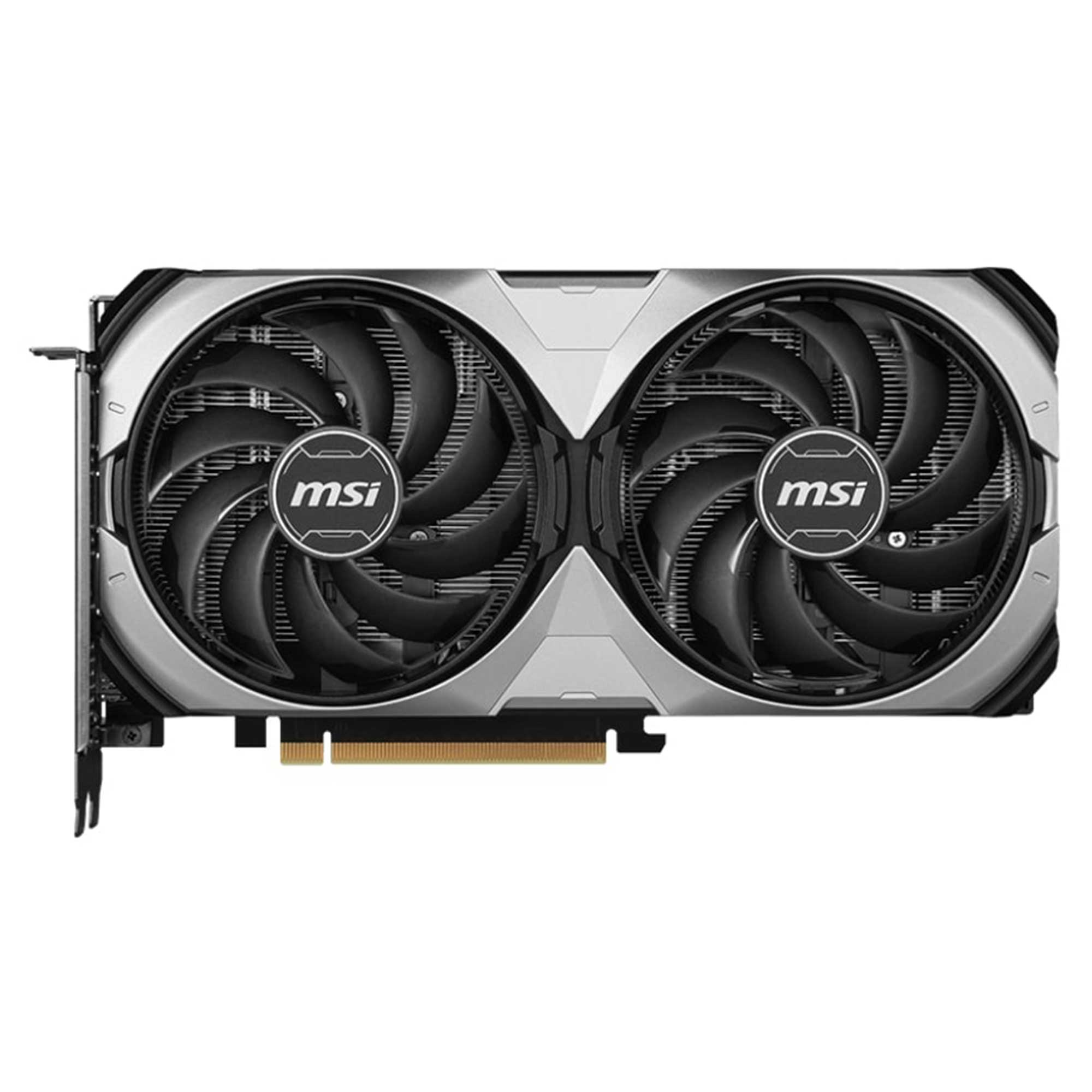 İki fanlı, MSI logolu, gümüş kasalı ekran kartı.