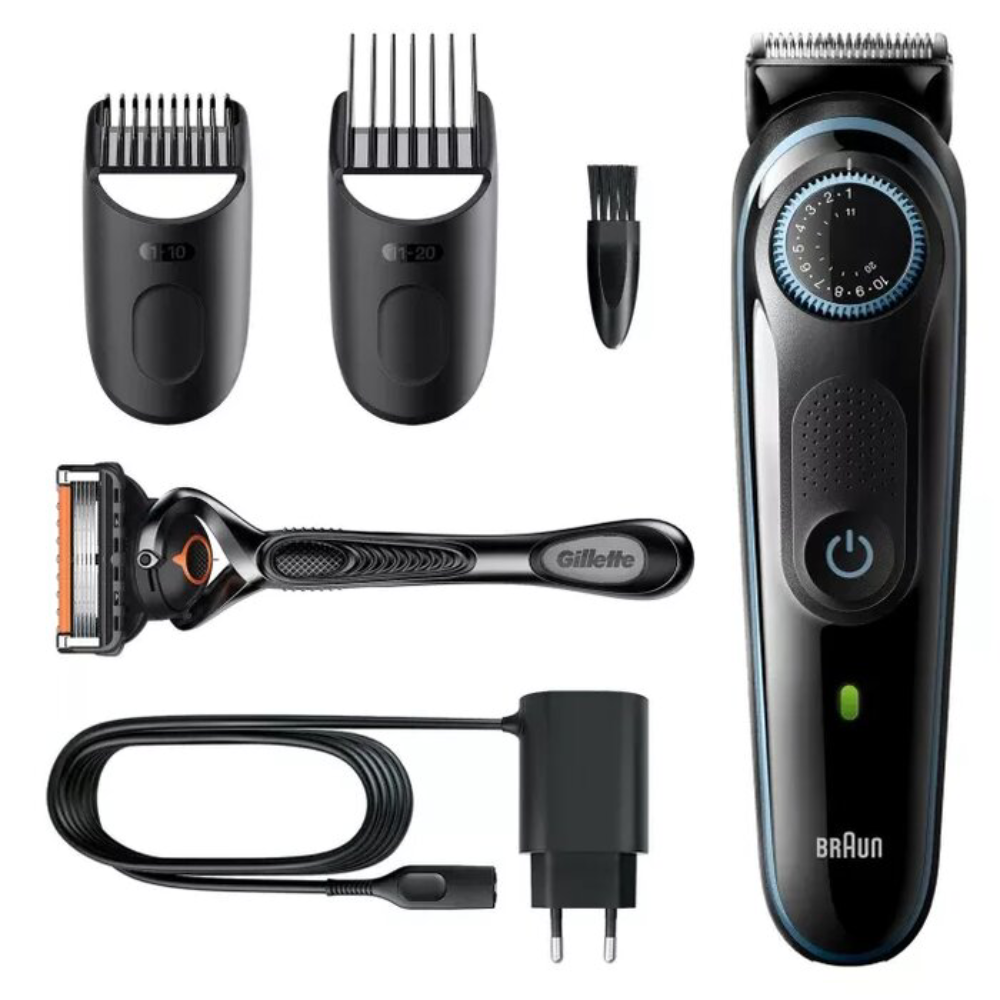 Siyah Braun tıraş makinesi, Gillette jilet, taraklar, fırça, şarj cihazı. Ayar tekeri.