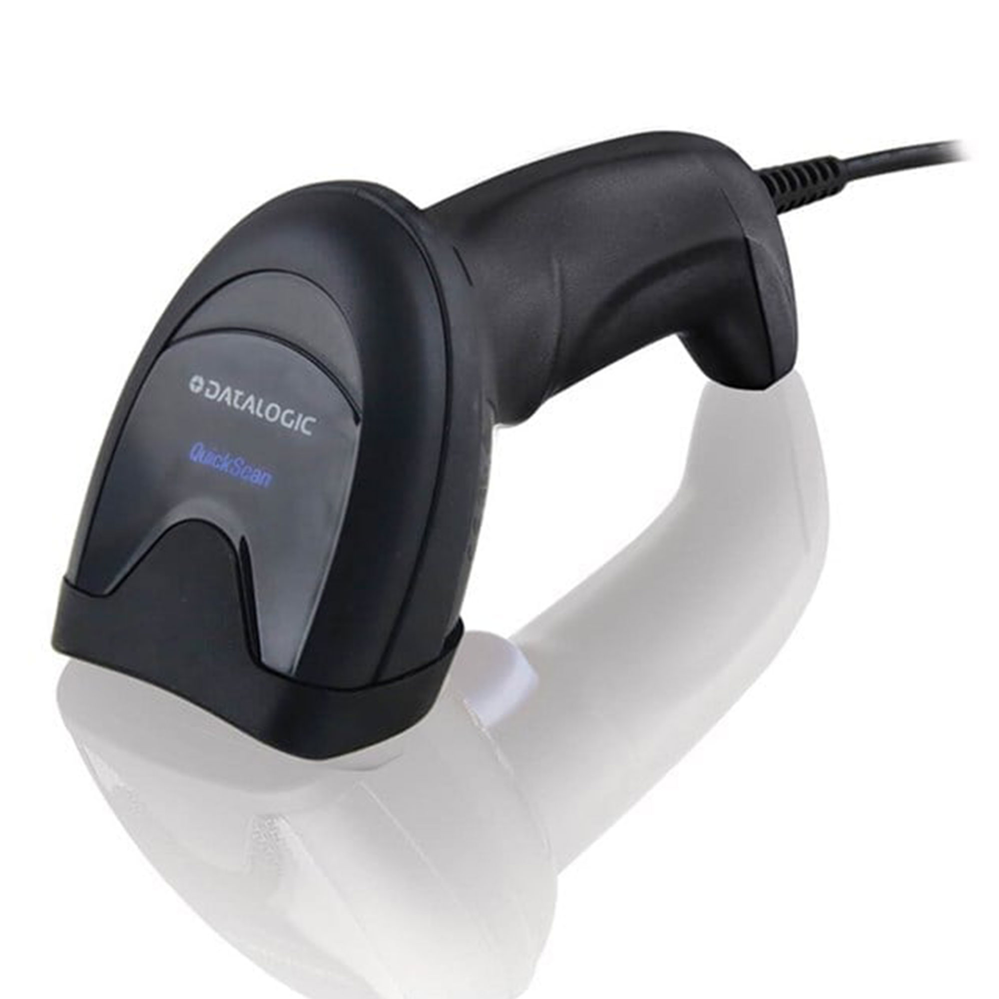 Beyaz bir stant üzerinde siyah Datalogic QuickScan barkod okuyucu.