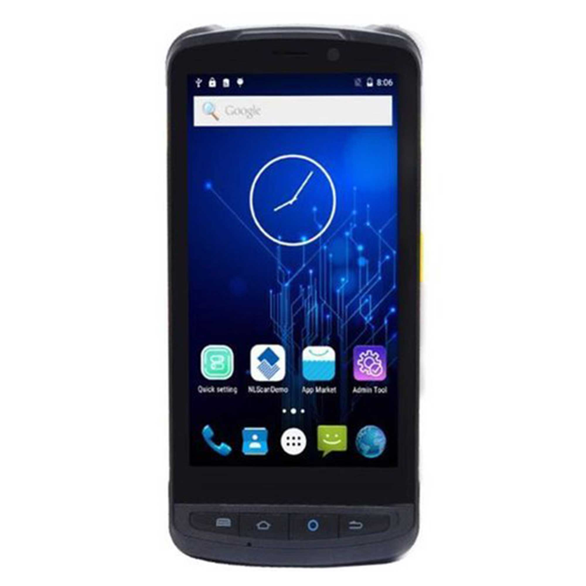 Uygulama simgeleri ve saat içeren mavi arka planı gösteren siyah bir akıllı telefon.