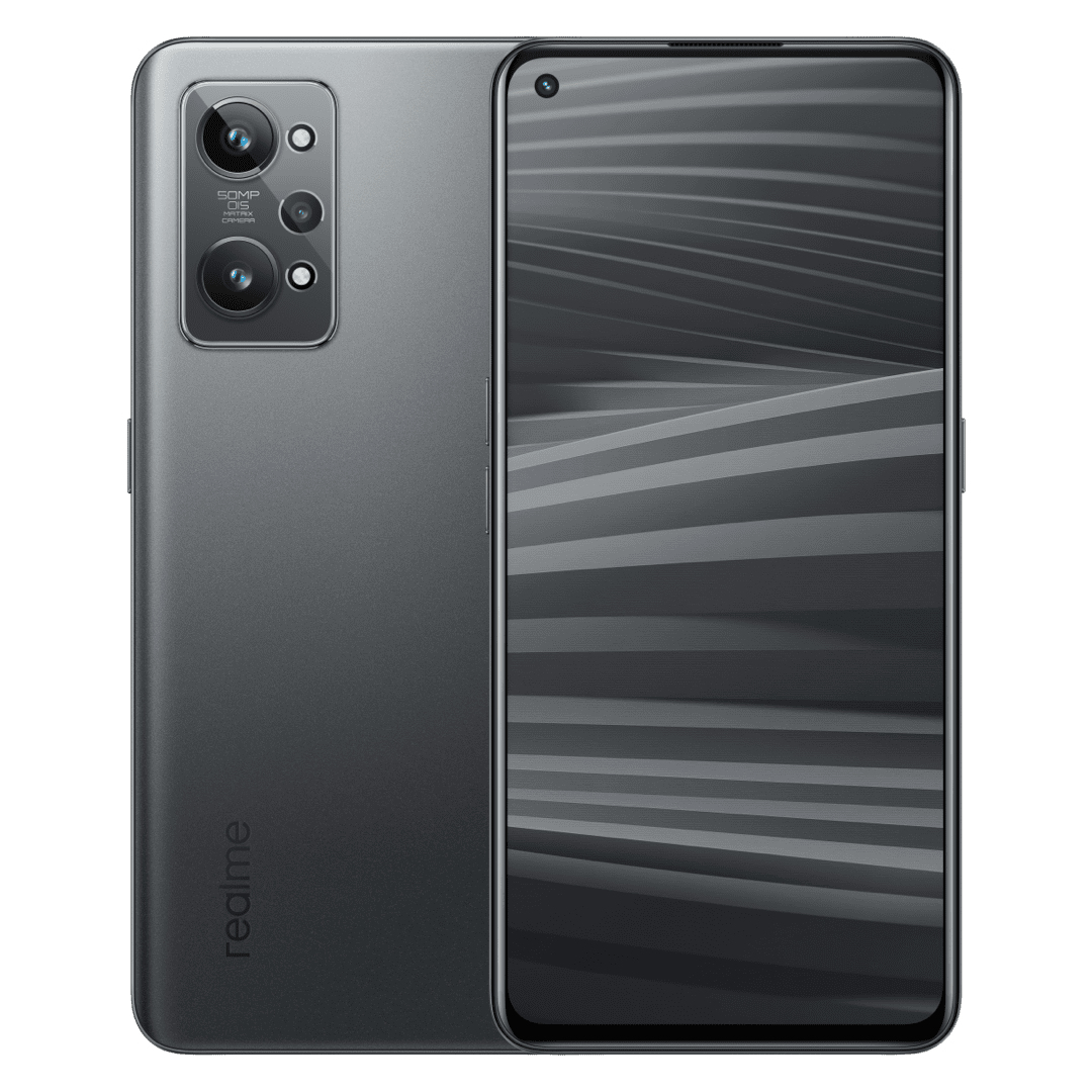 Un smartphone gris con triple cámara trasera y un fondo de pantalla moderno.