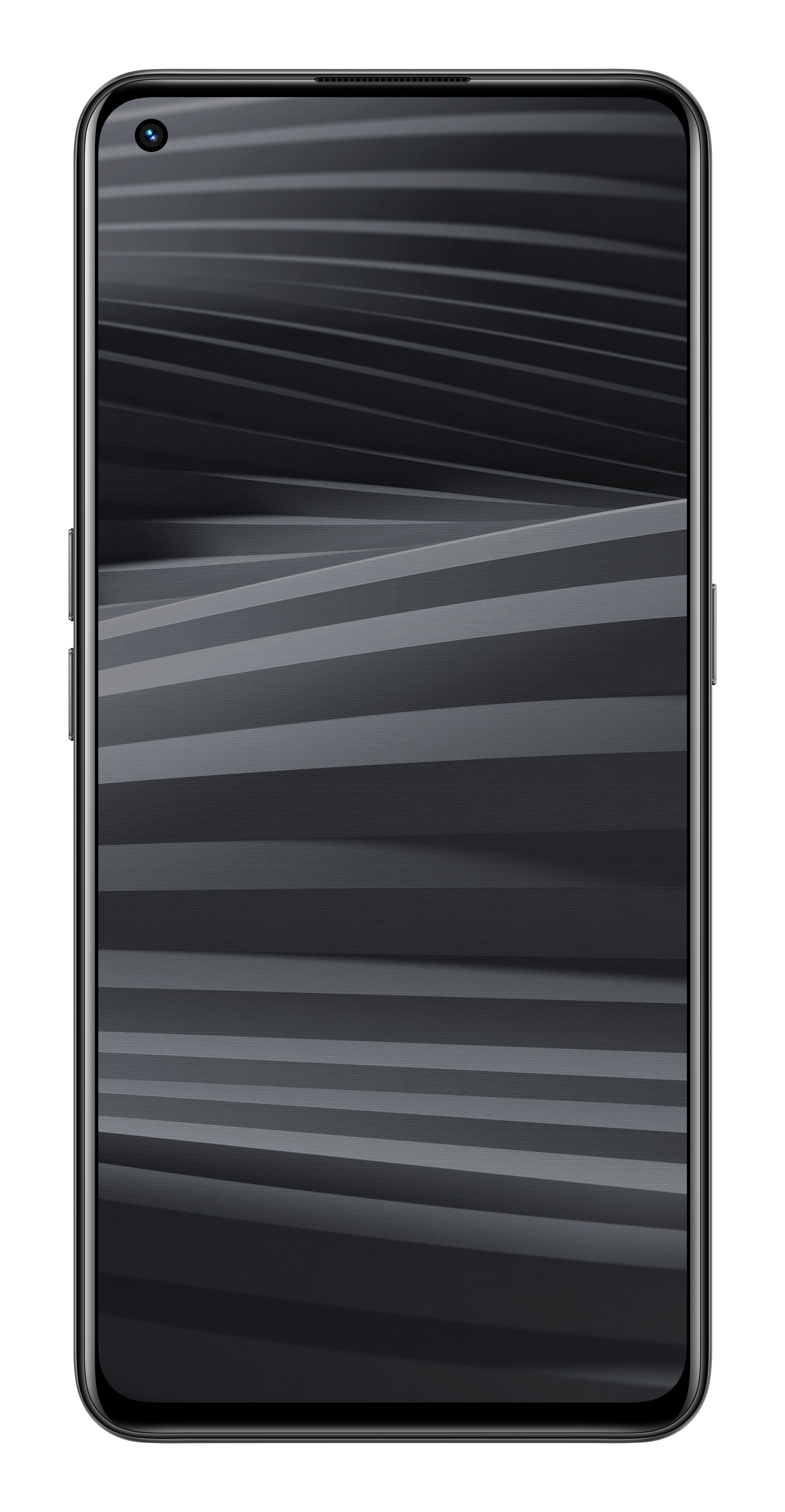 Un smartphone negro con un fondo abstracto en su pantalla.