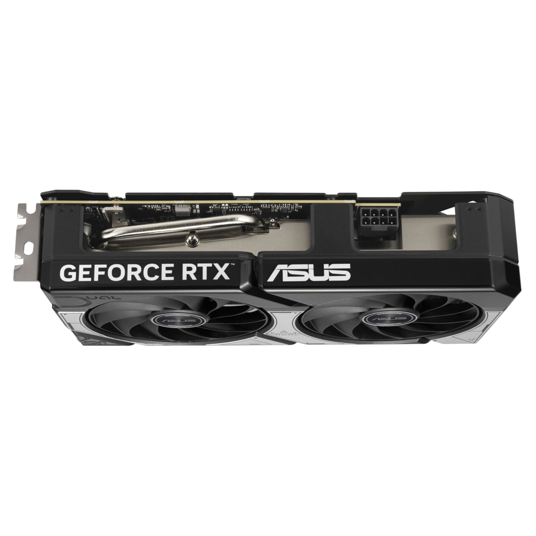 Karta graficzna Asus GeForce RTX z dwoma wentylatorami, na białym tle.