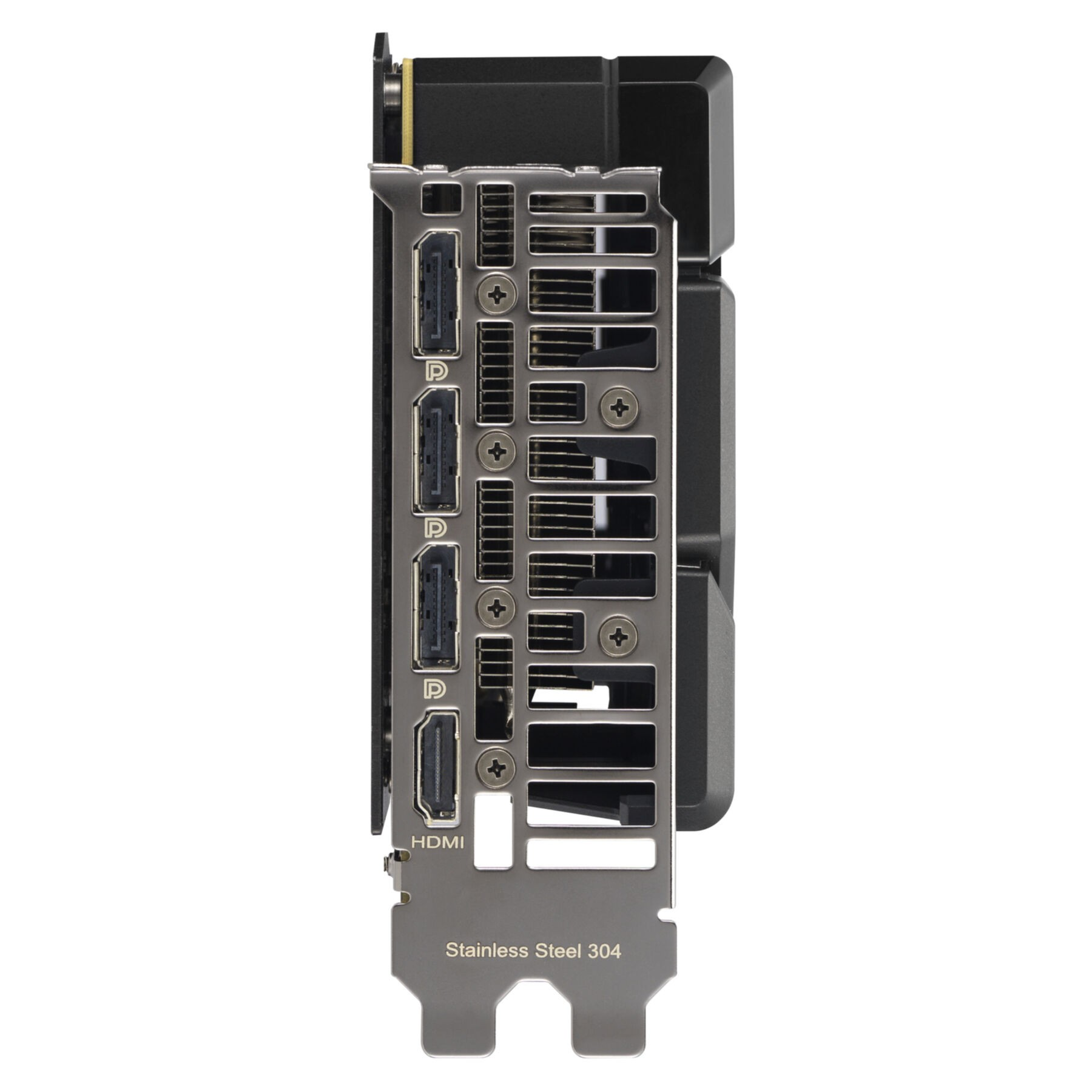 Karta graficzna z portami: 3x HDMI, 1x DisplayPort. Szczeliny wentylacyjne i śruby.