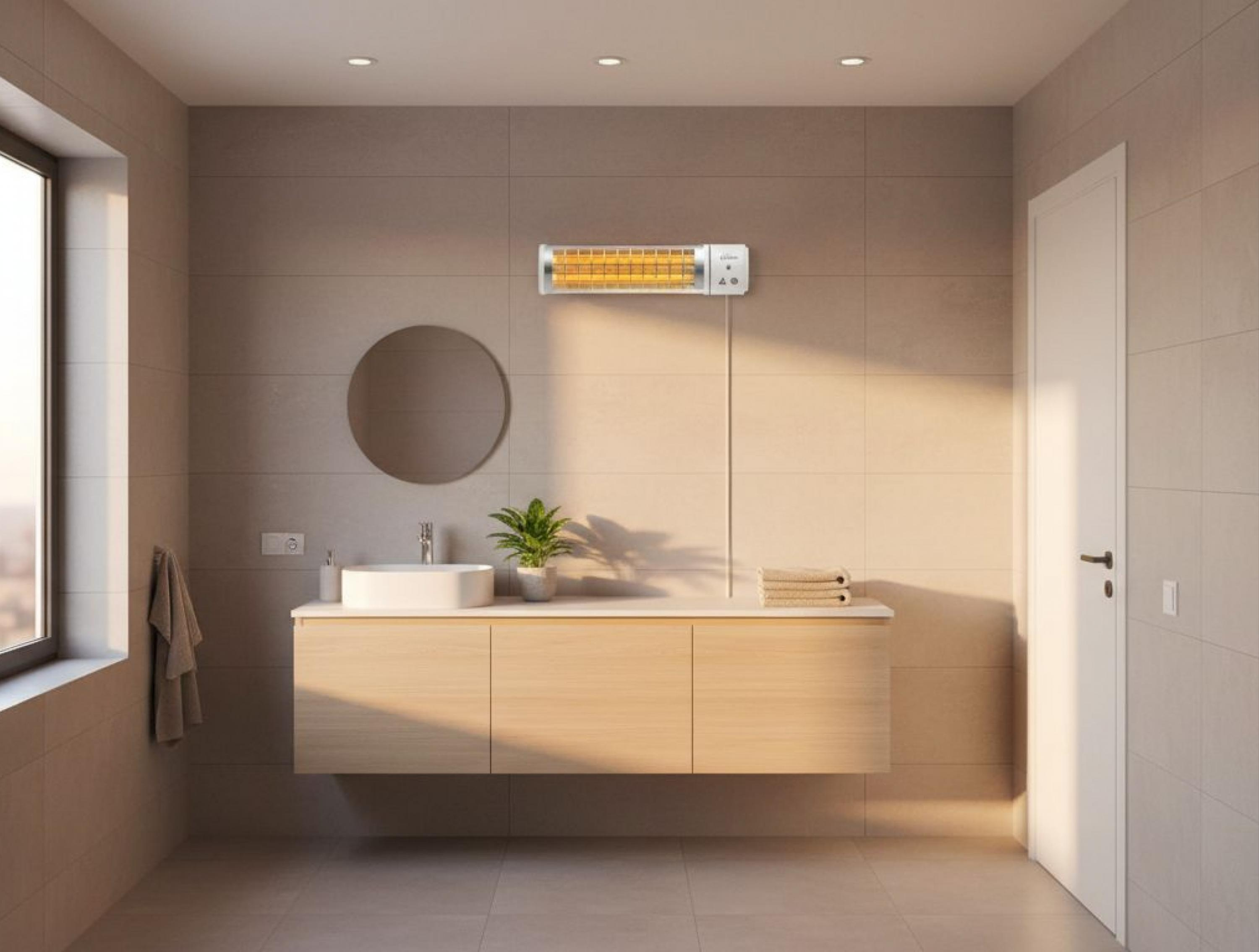 Ein Badezimmer mit einem Wandheizstrahler, Waschbecken, Spiegel und Tür.