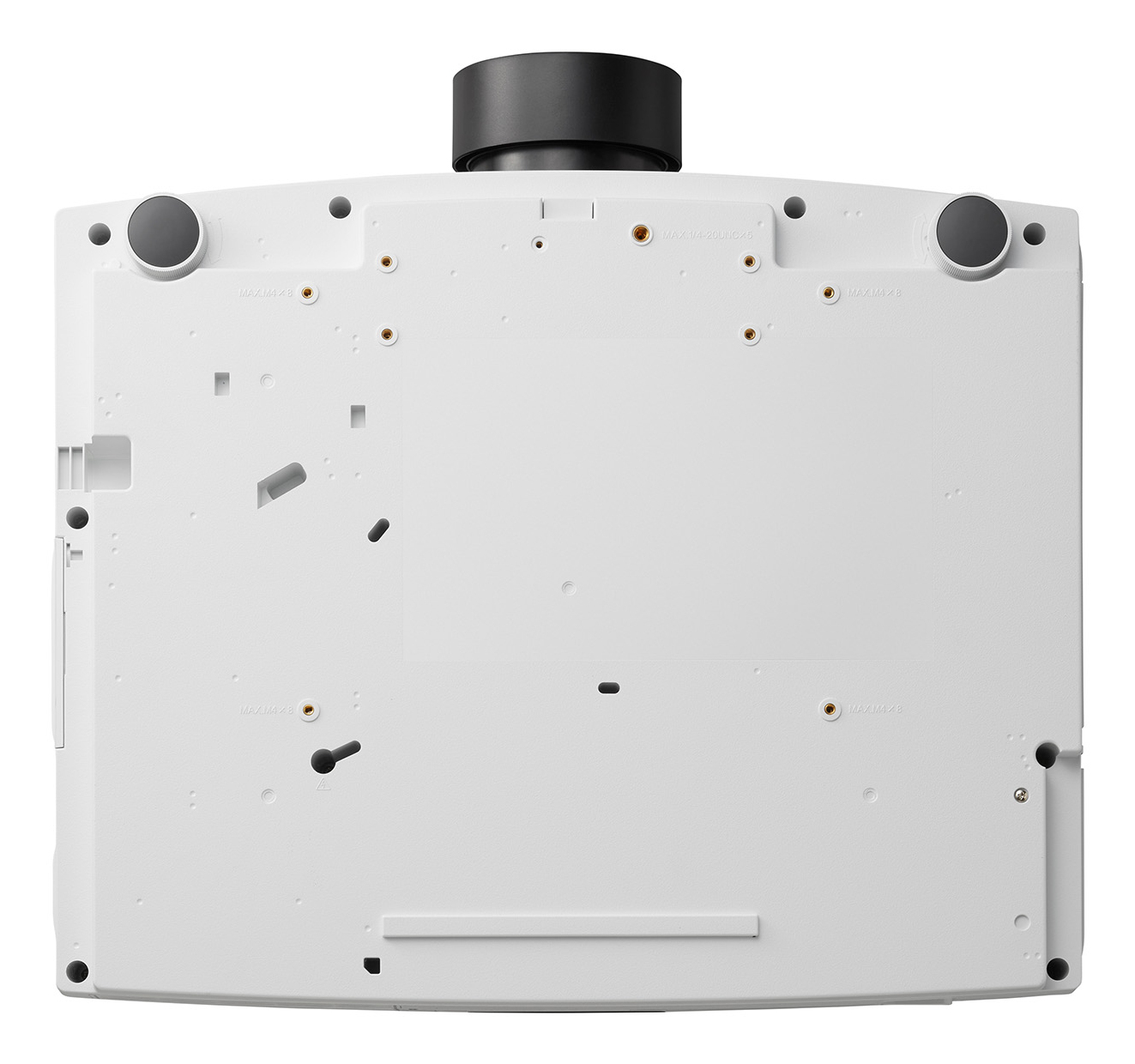 Parte inferior de un proyector blanco con lente negra y puntos de montaje.