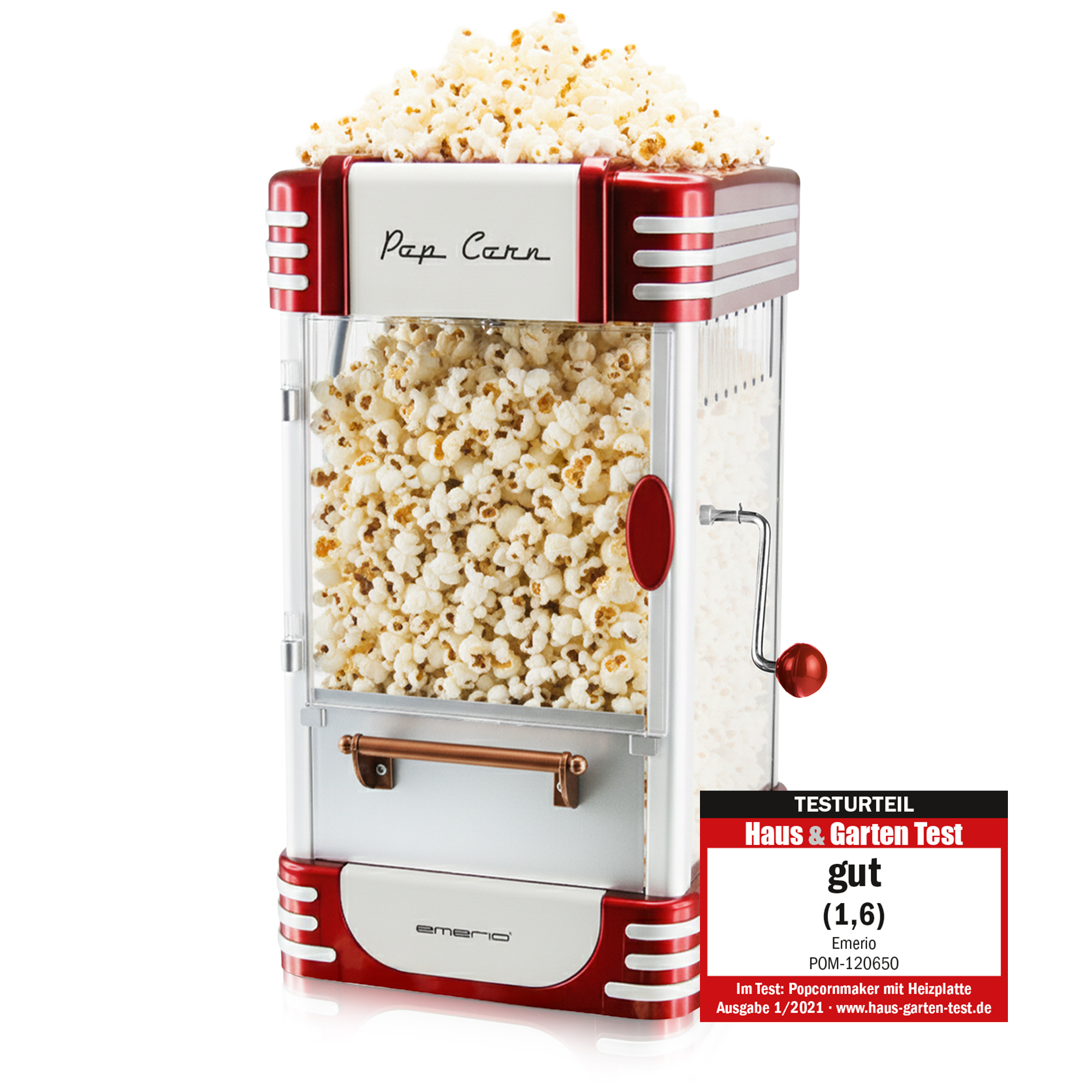 Ein roter und silberner Popcornautomaten mit viel Popcorn.