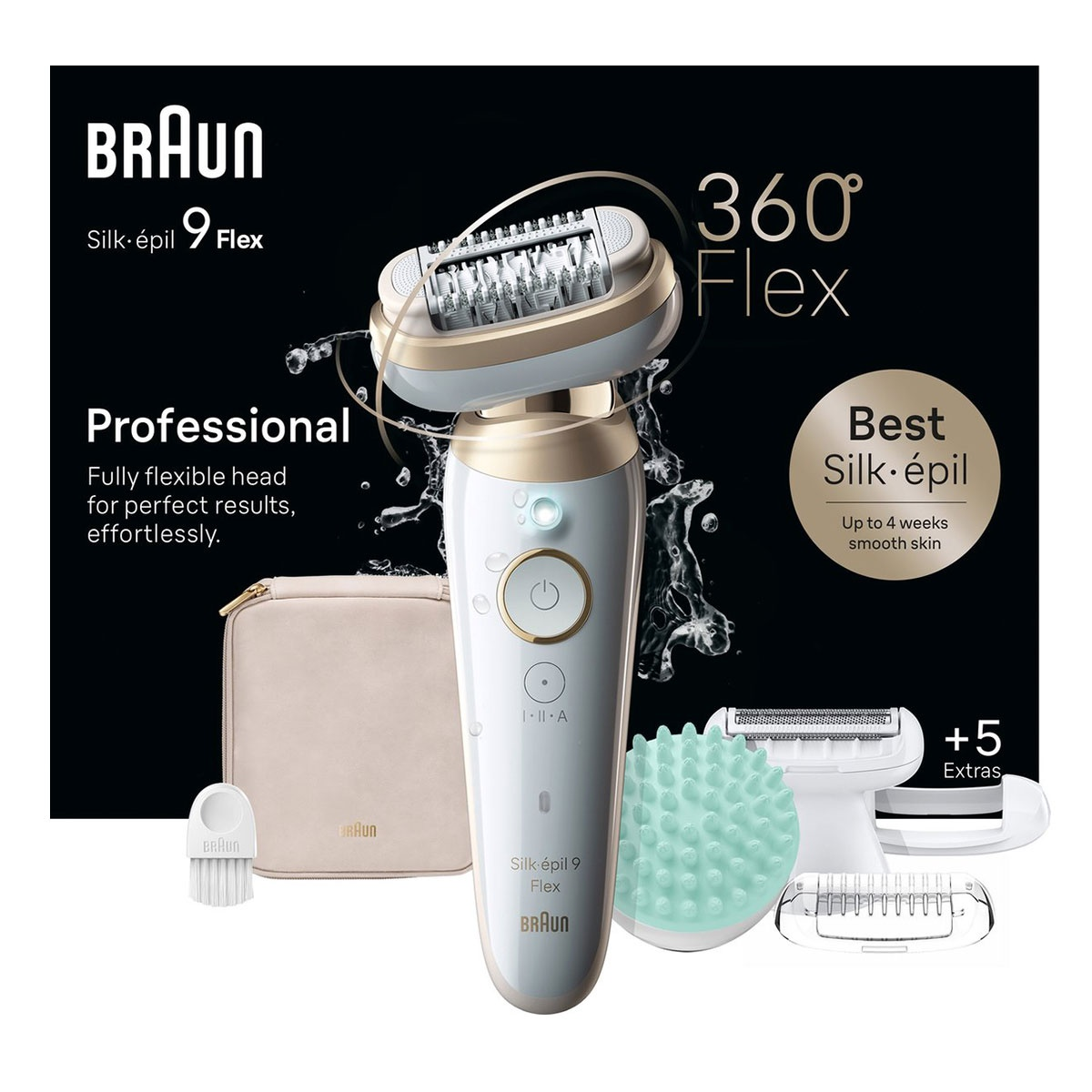Depilator Braun Silk-épil 9 Flex z akcesoriami, w tym nasadkami i etui.