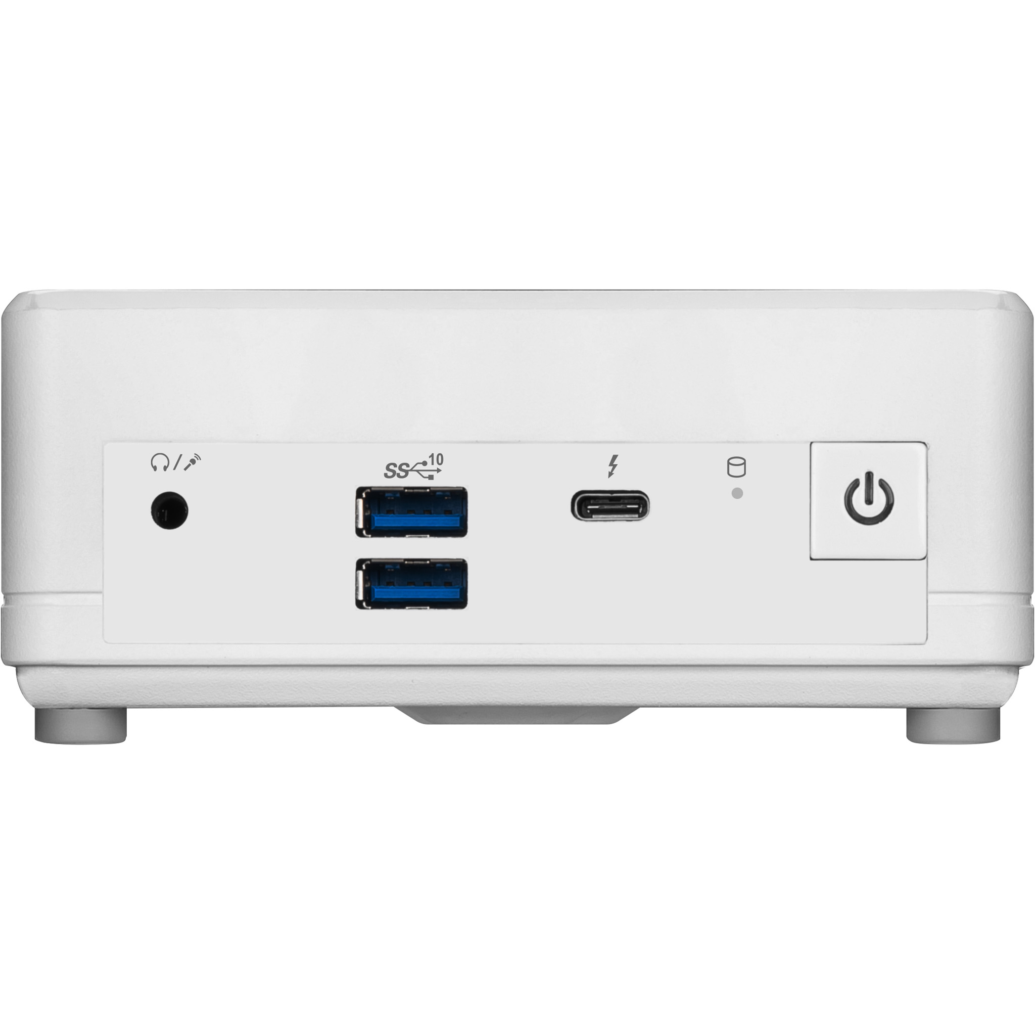 Witte mini-pc-voorkant met USB-, audio- en aan/uit-schakelaarpoorten.