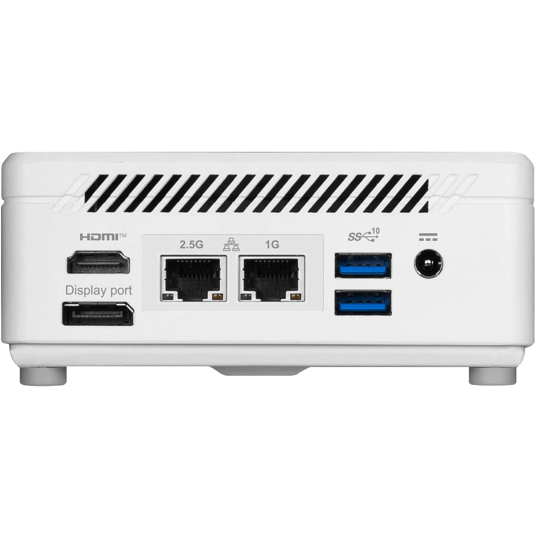 Wit mini-pc achterpaneel met HDMI, DisplayPort, 2,5G, 1G, 2x USB en stroompoort.