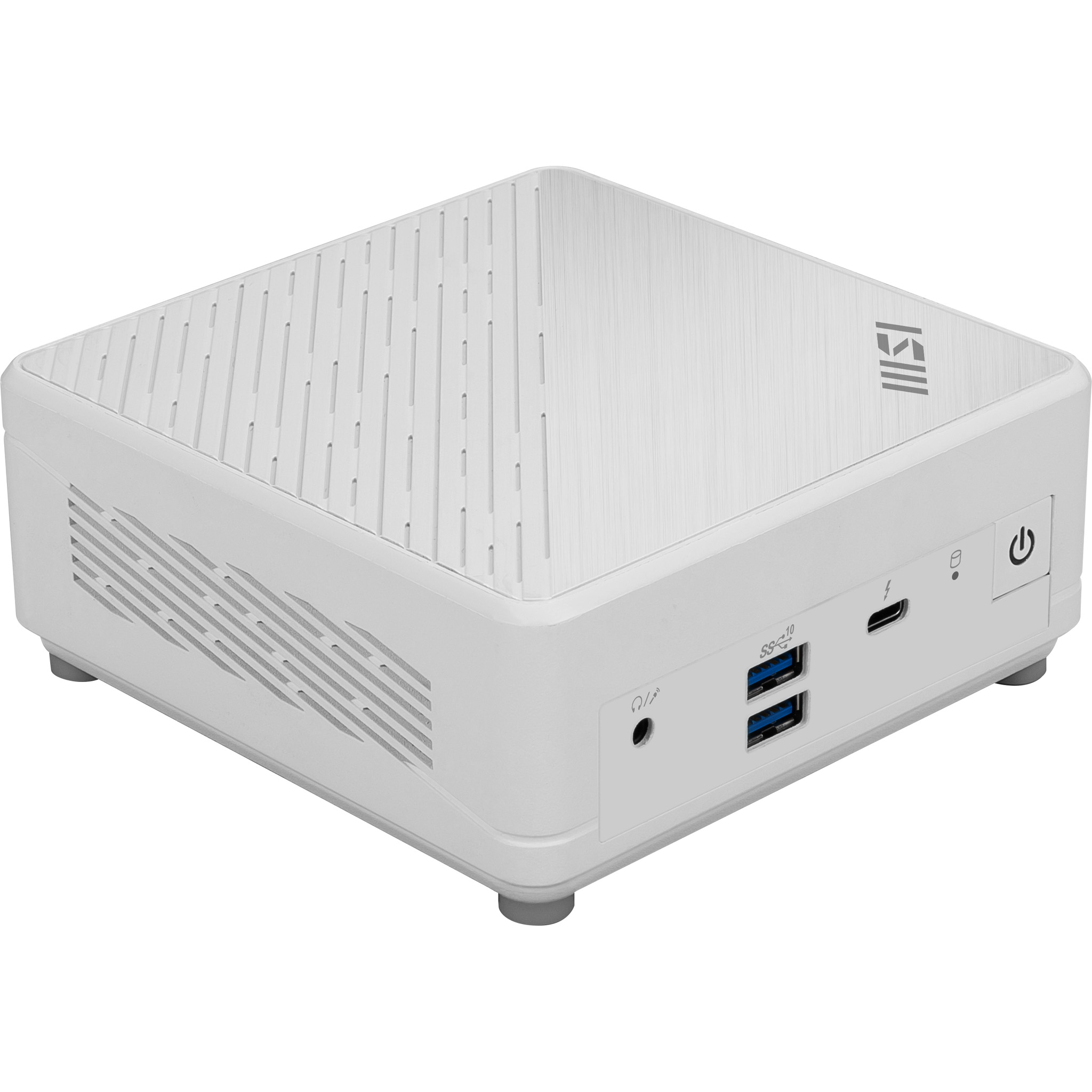 Een witte mini-pc met ventilatiesleuven en poorten zoals USB en aan/uit-knop.
