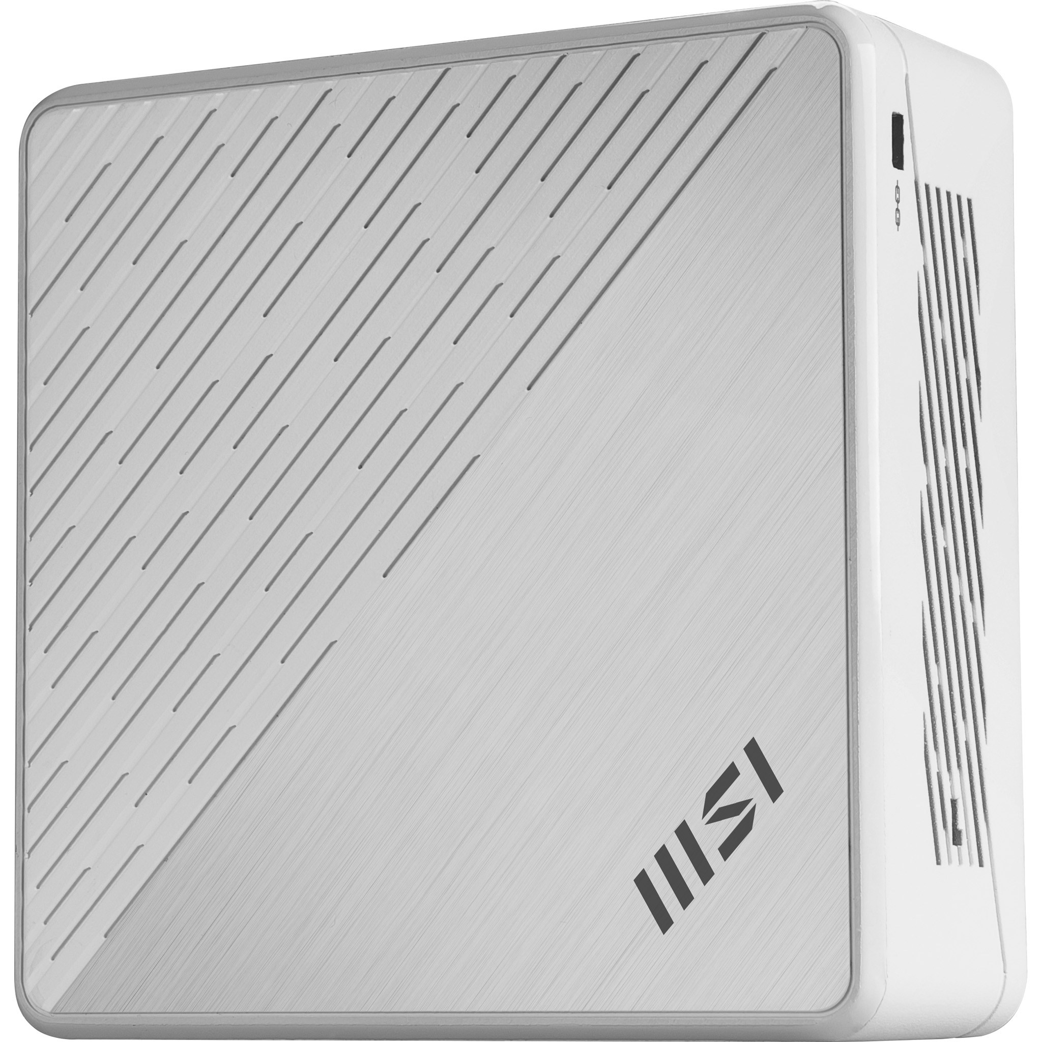 Een witte mini-pc met geborsteld metaal en ventilatiesleuven.