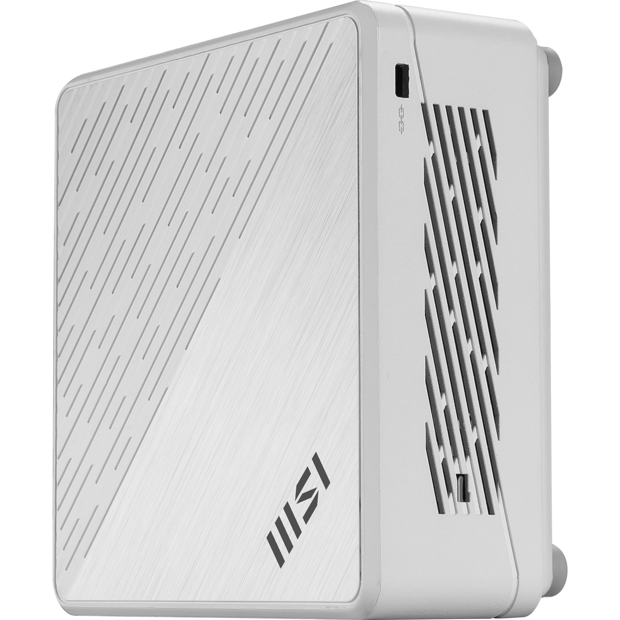 Een witte mini-pc met zilveren MSI-logo en ventilatiesleuven.