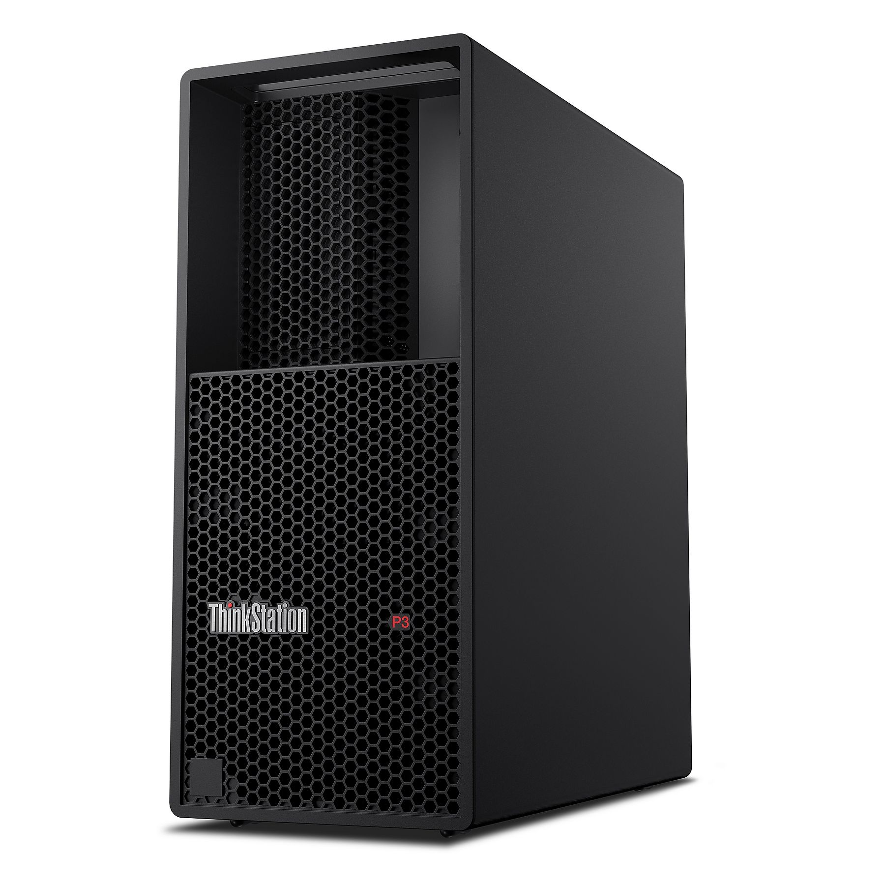 Computer desktop Lenovo ThinkStation P3 nero con griglia di ventilazione a nido d'ape.