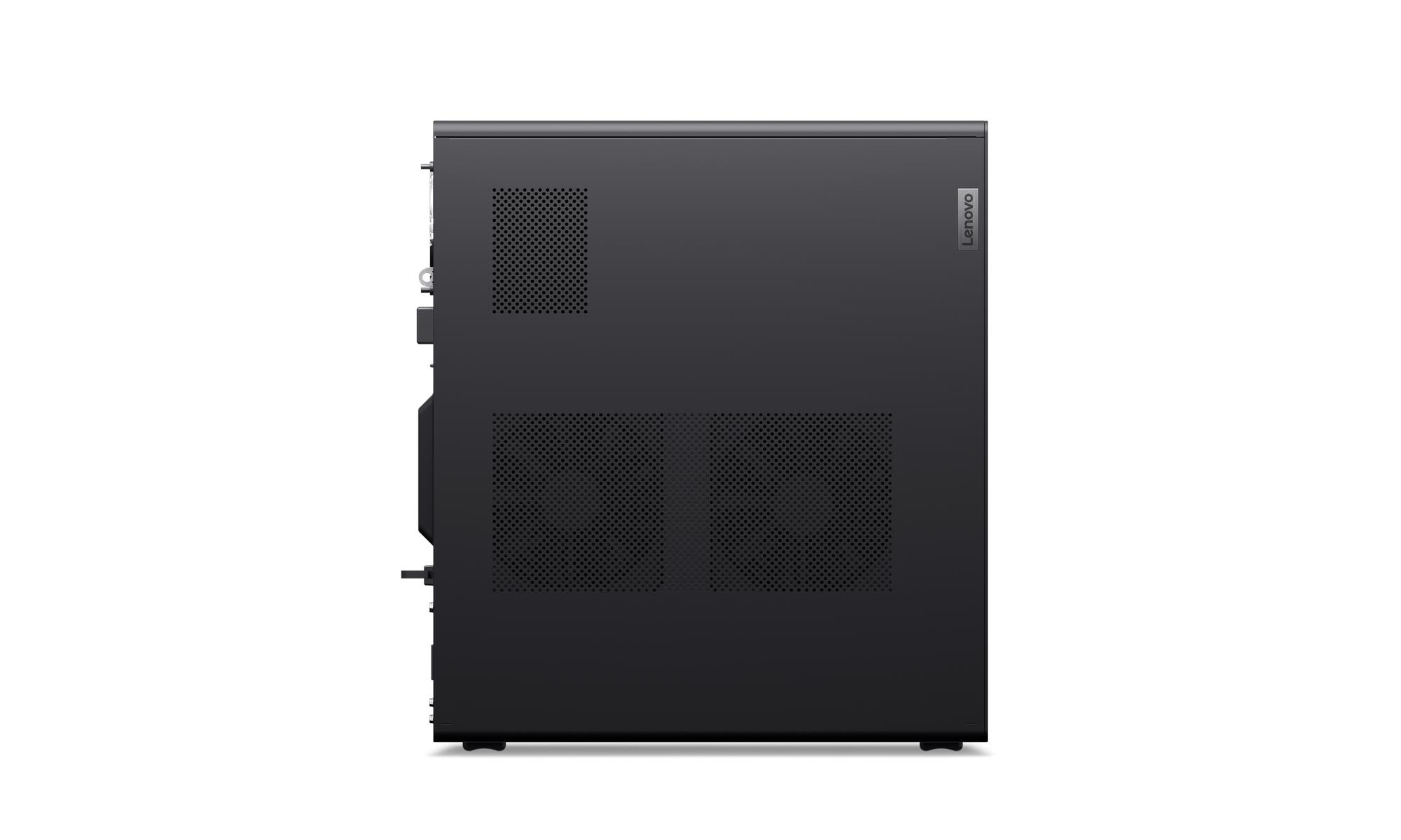 Tower desktop Lenovo nero con griglie di ventilazione e porte sul lato.