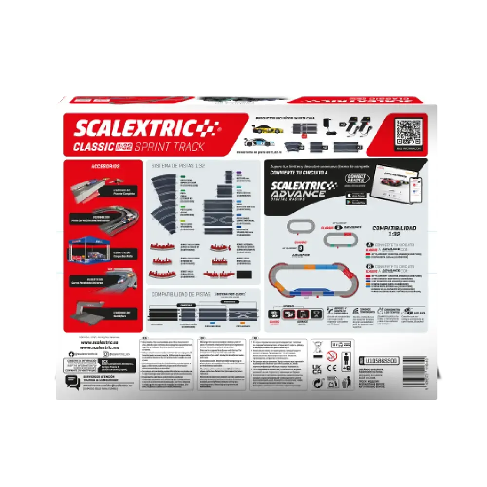 Embalaje Scalextric muestra piezas de pista, coches y accesorios.