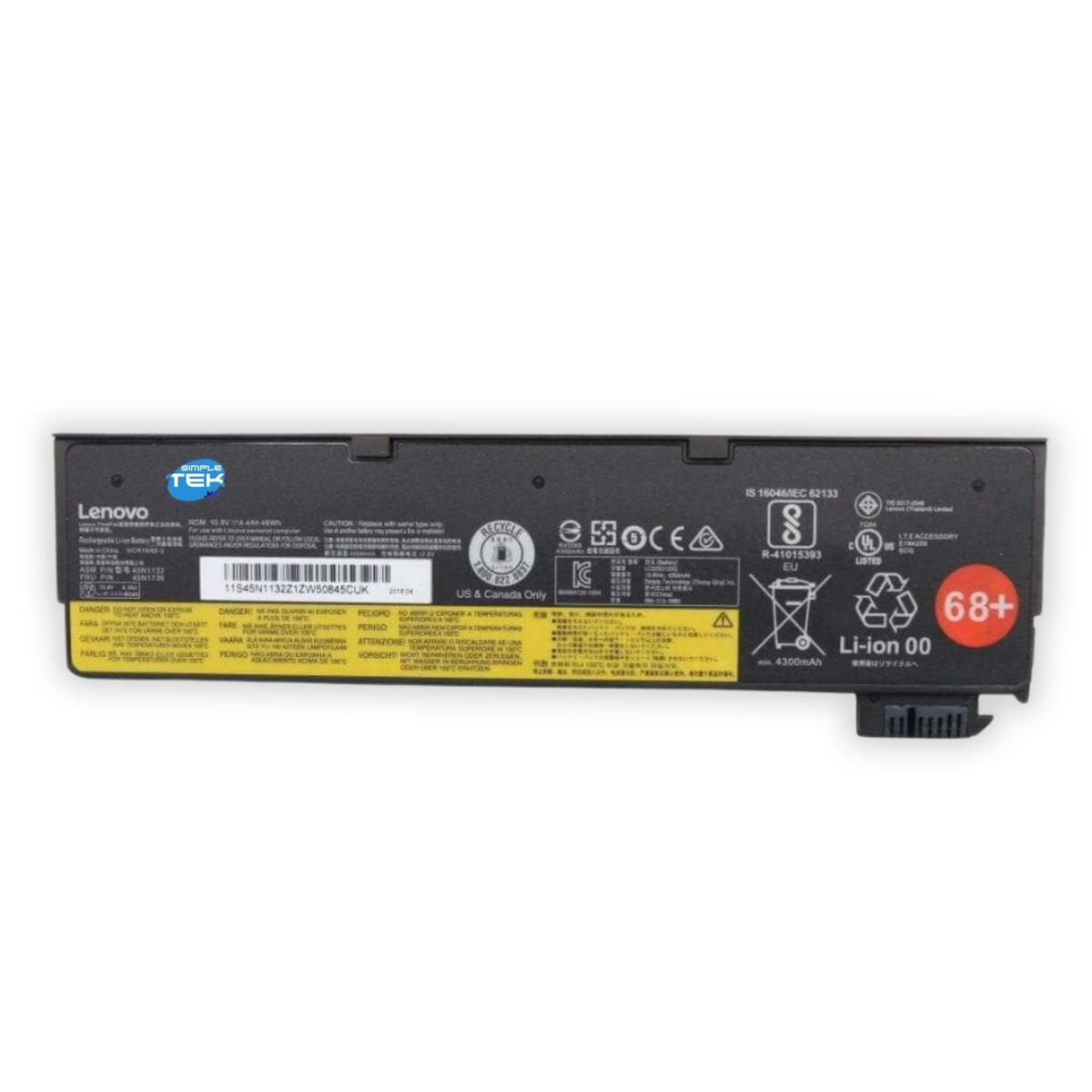 Batteria Li-ion Lenovo, 4300mAh, modello Li-ion 00, con varie certificazioni e avvertenze.